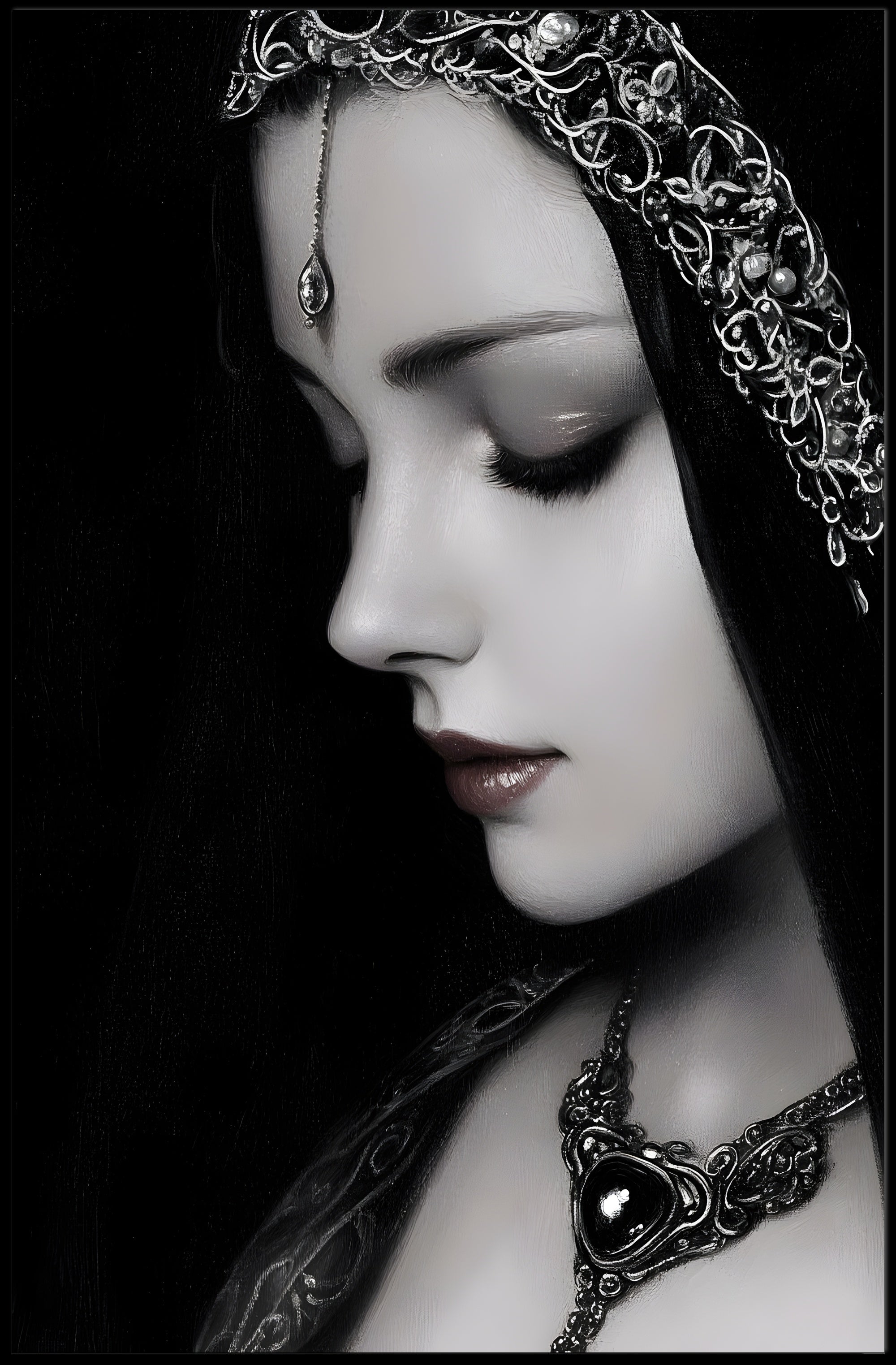 Medieval Elegance: Woman with Silver Jewelry Fantasy Poster PosterGoat