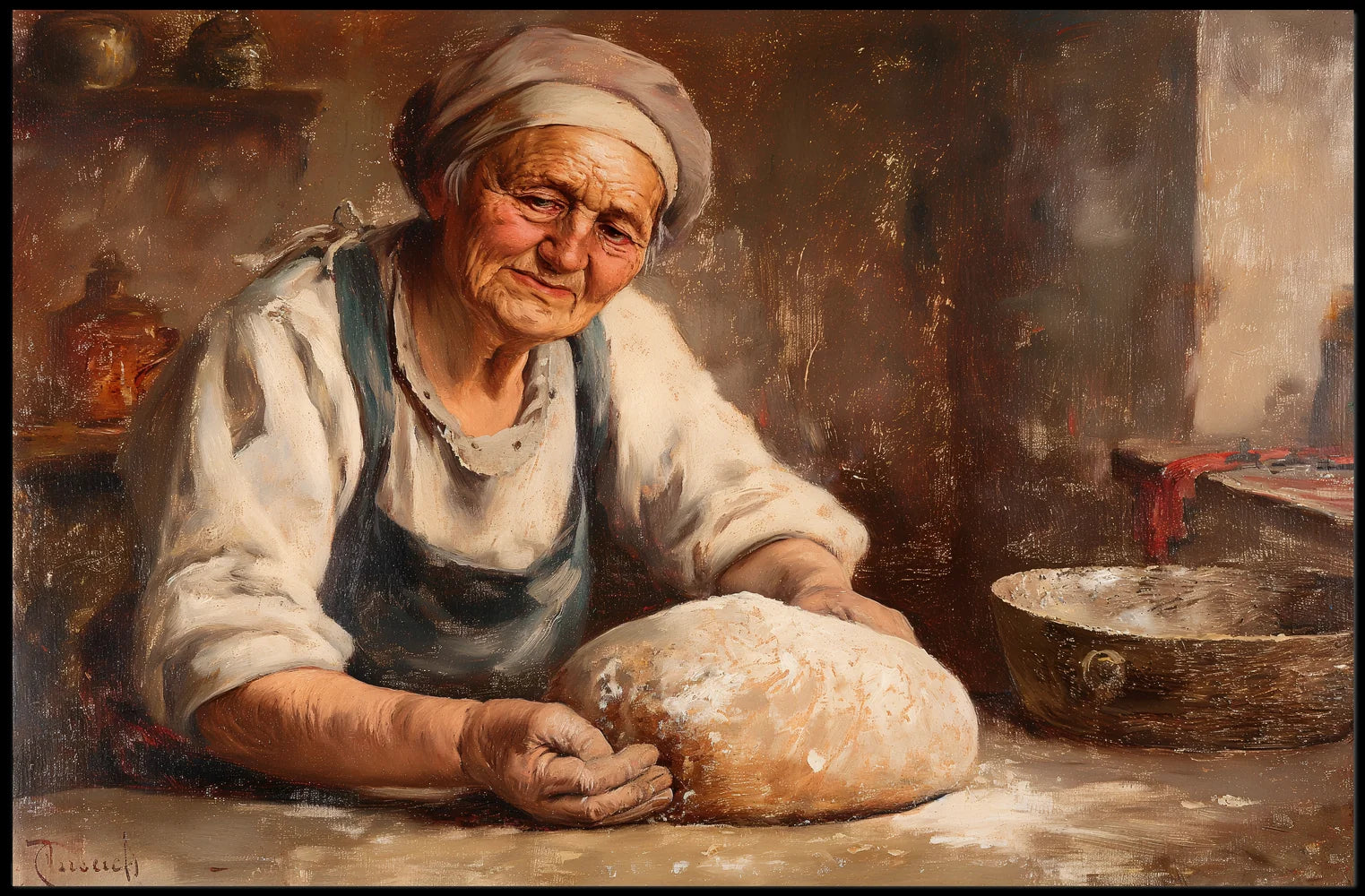 Timeless Rural Life: Elderly Woman Kneading Dough