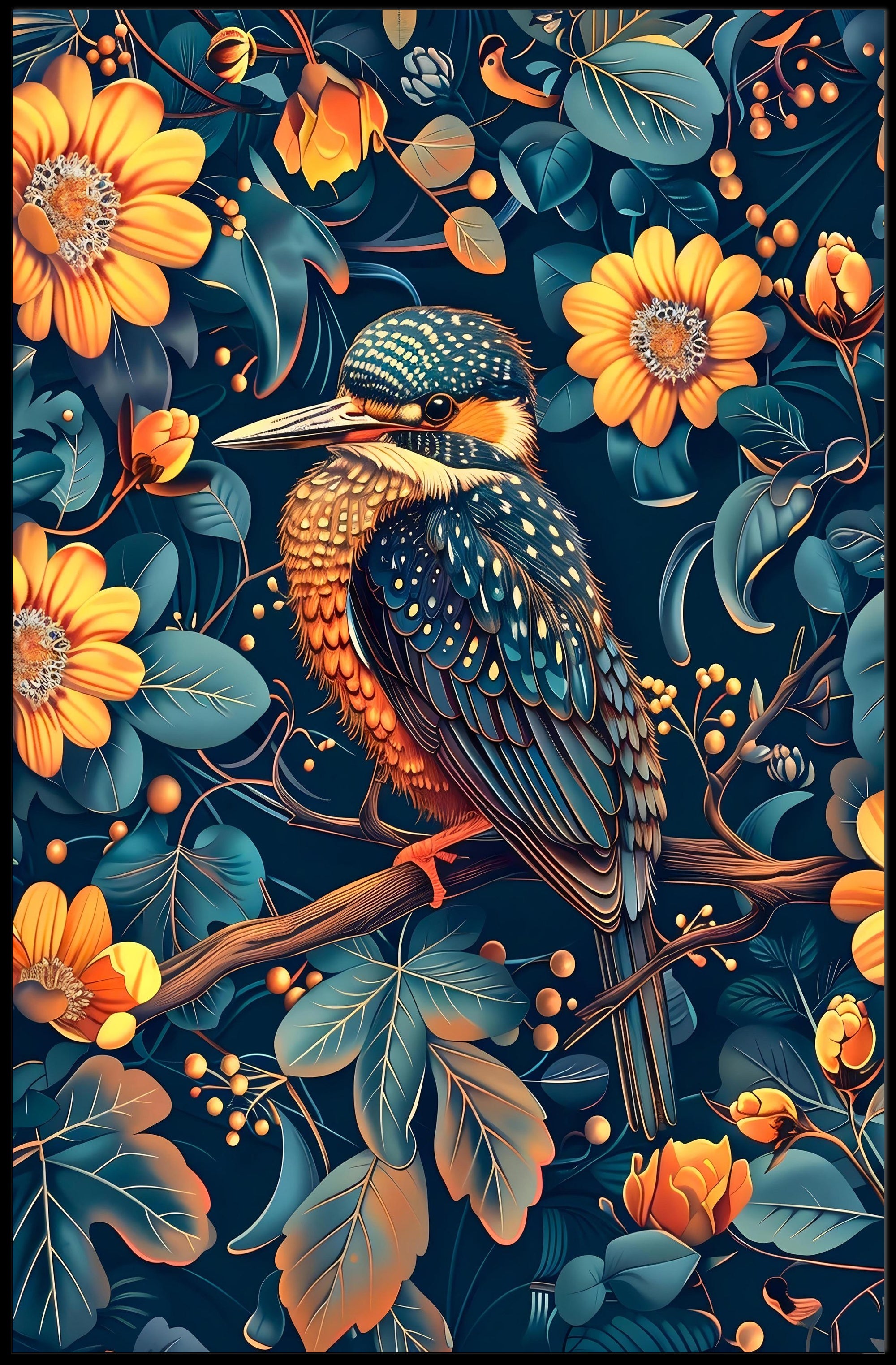 Vibrant Kingfisher Floral Paradise Poster