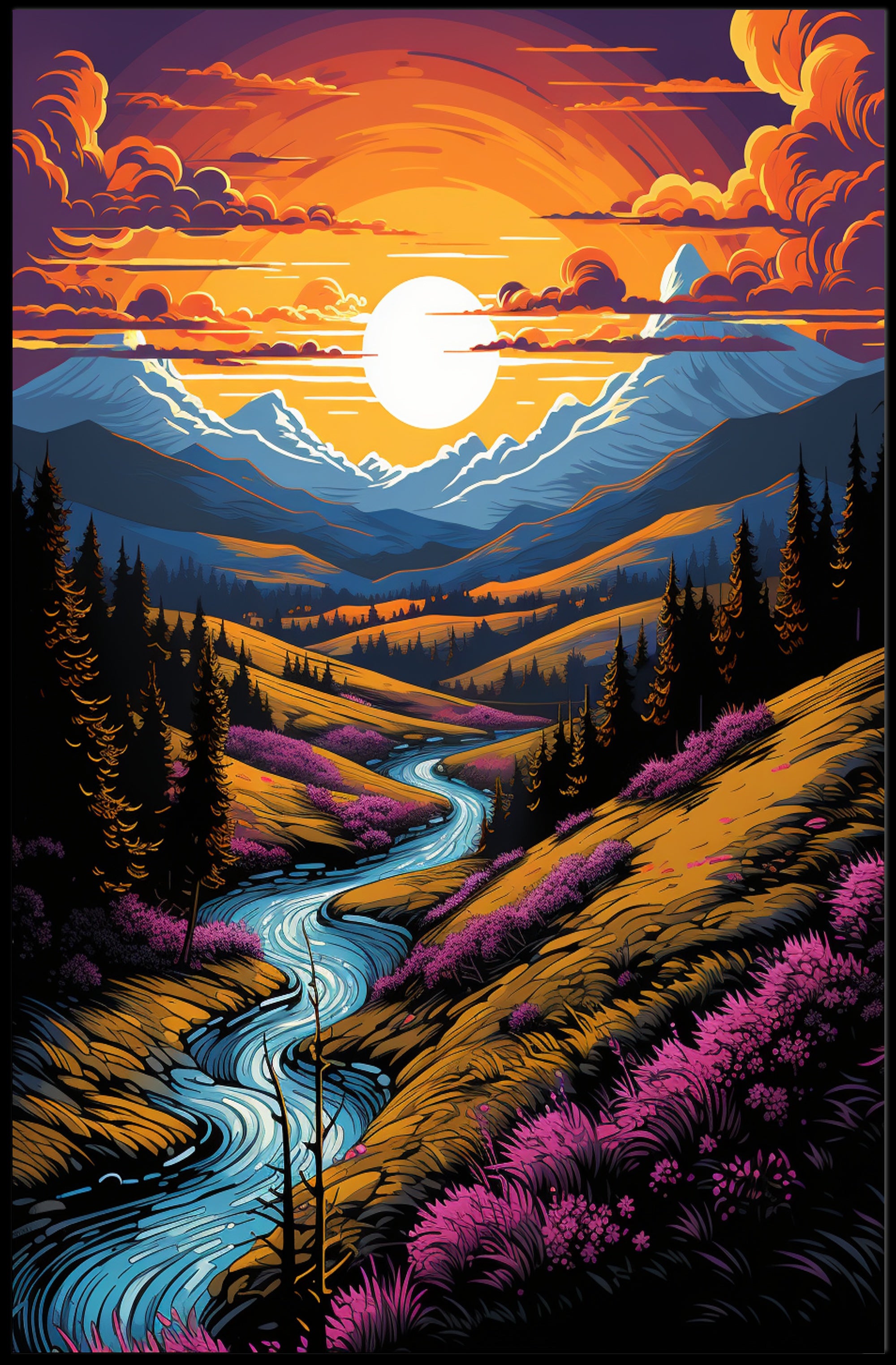Sunset Over Mountain Stream Poster