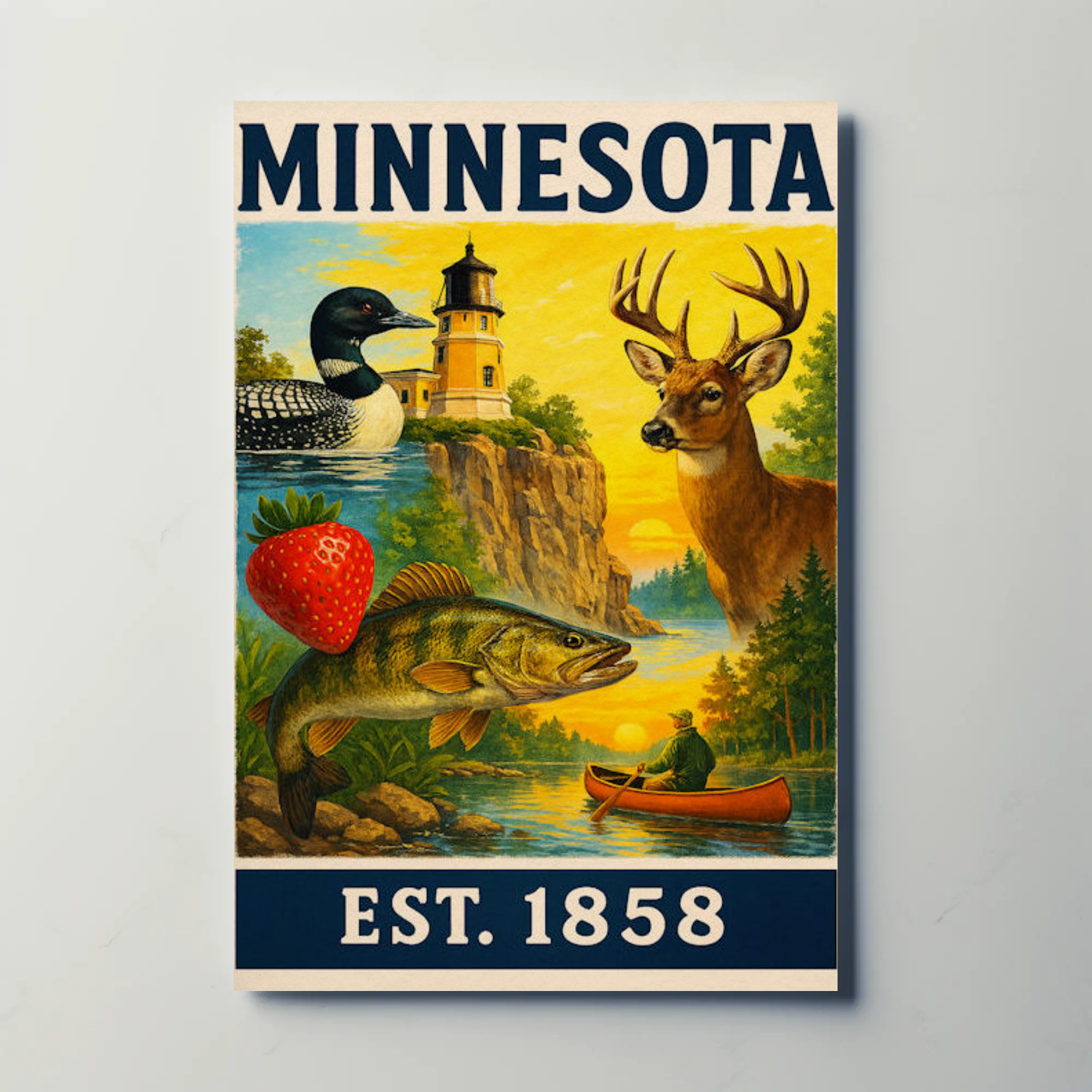 Minnesota Wildlife Canoe Sunset Scene Vintage Travel Poster