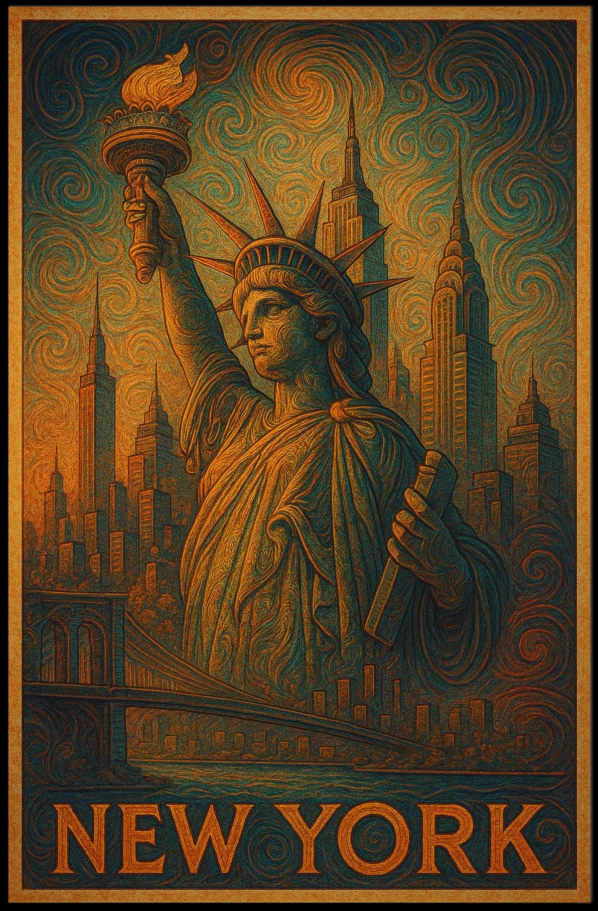 New York Skyline And The Statue Of Poster