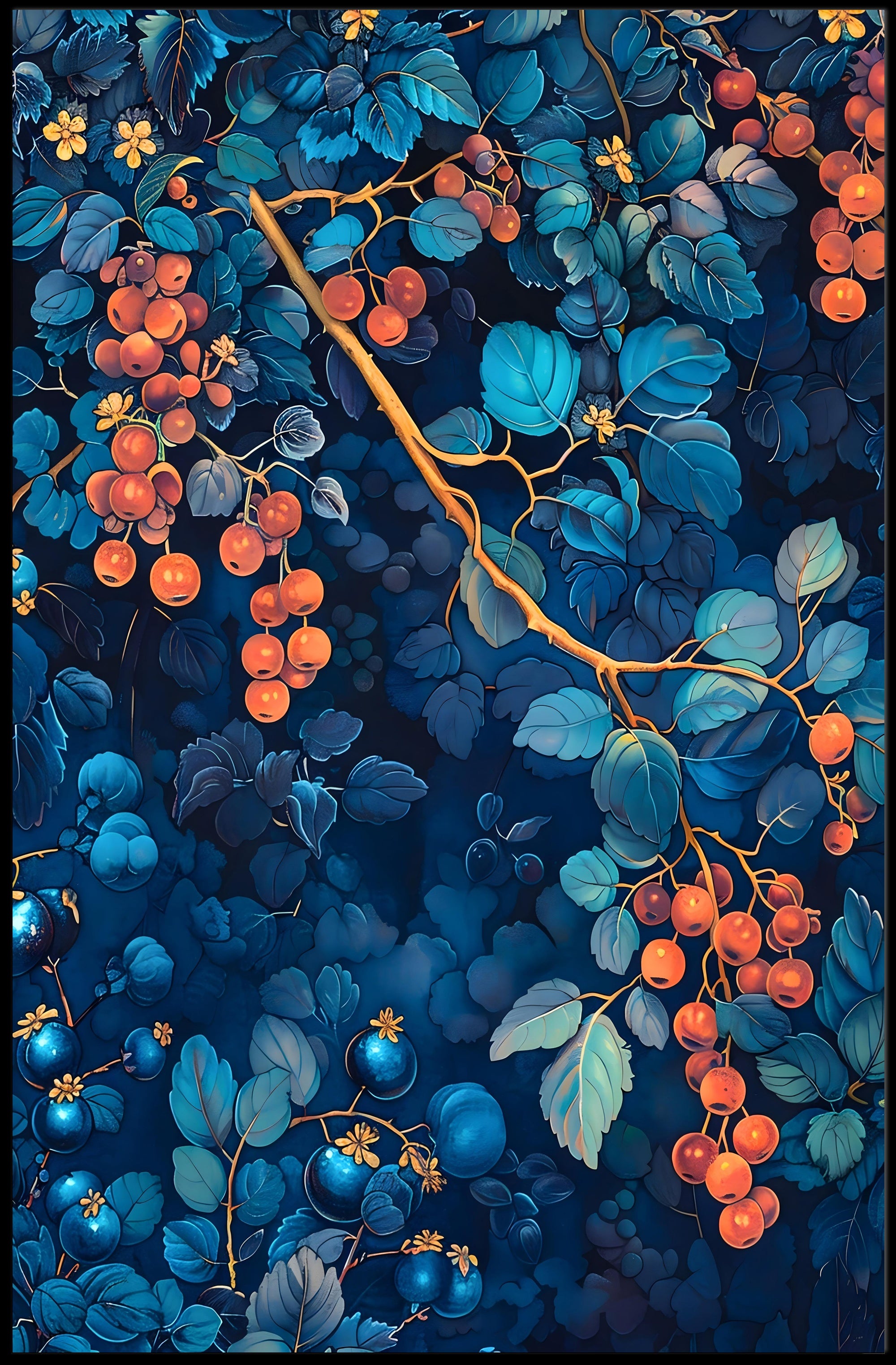 Vibrant Botanical Art: Enchanting Berry and Foliage Poster