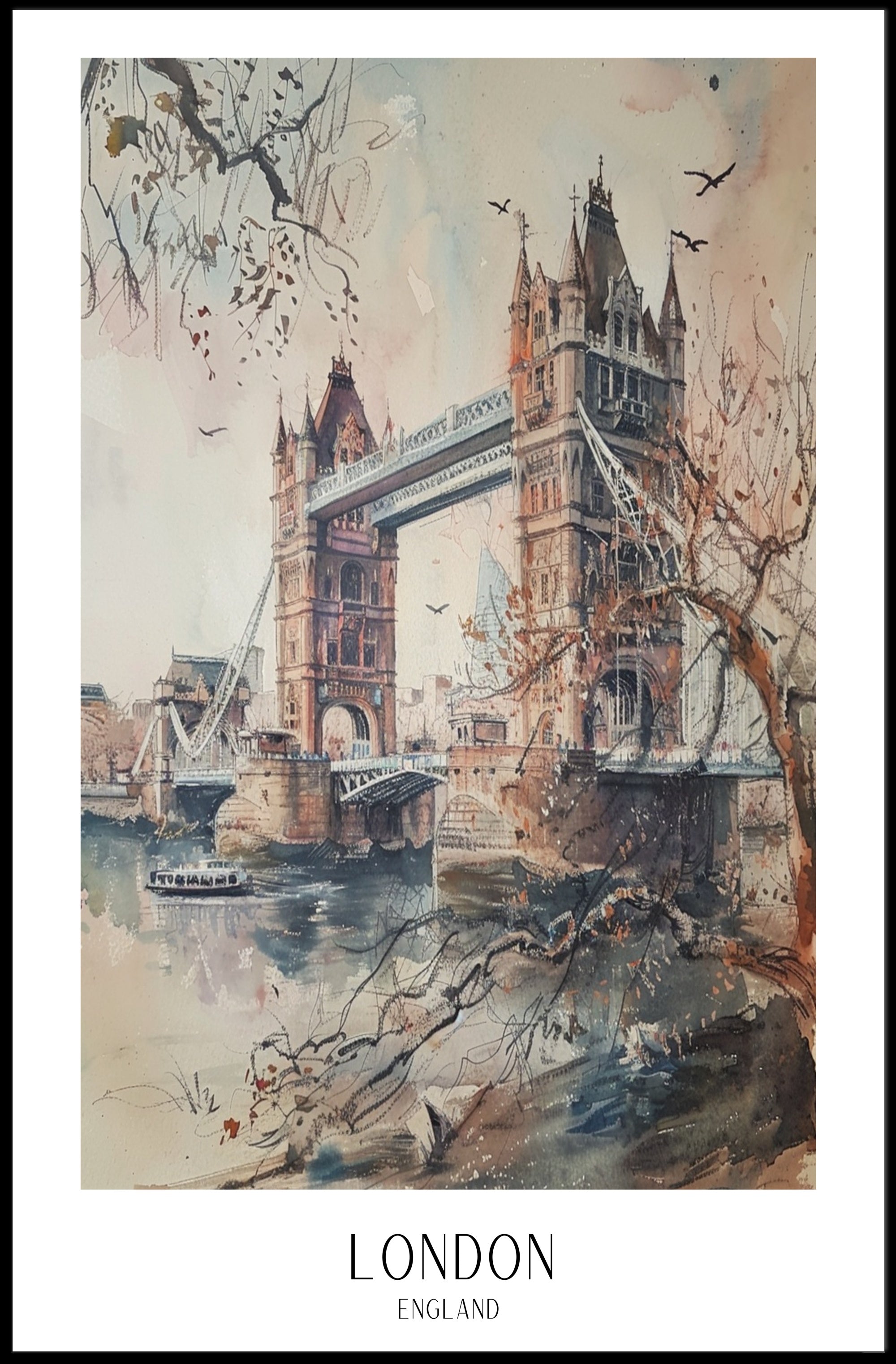 Tower Bridge London Watercolor Urban or Cityscape Poster PosterGoat