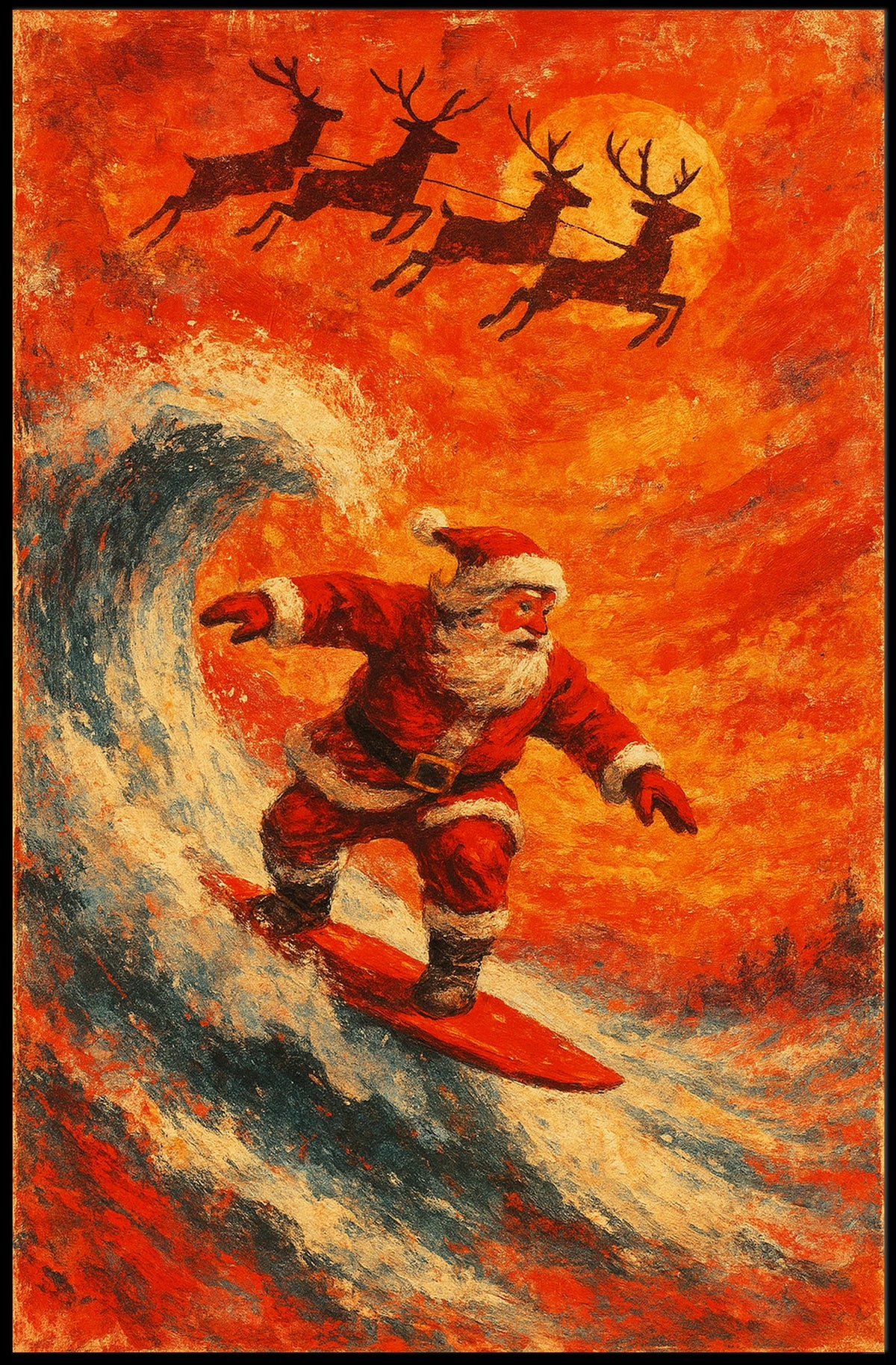 Santa Surfing Christmas Magic Impressionist Holiday Poster