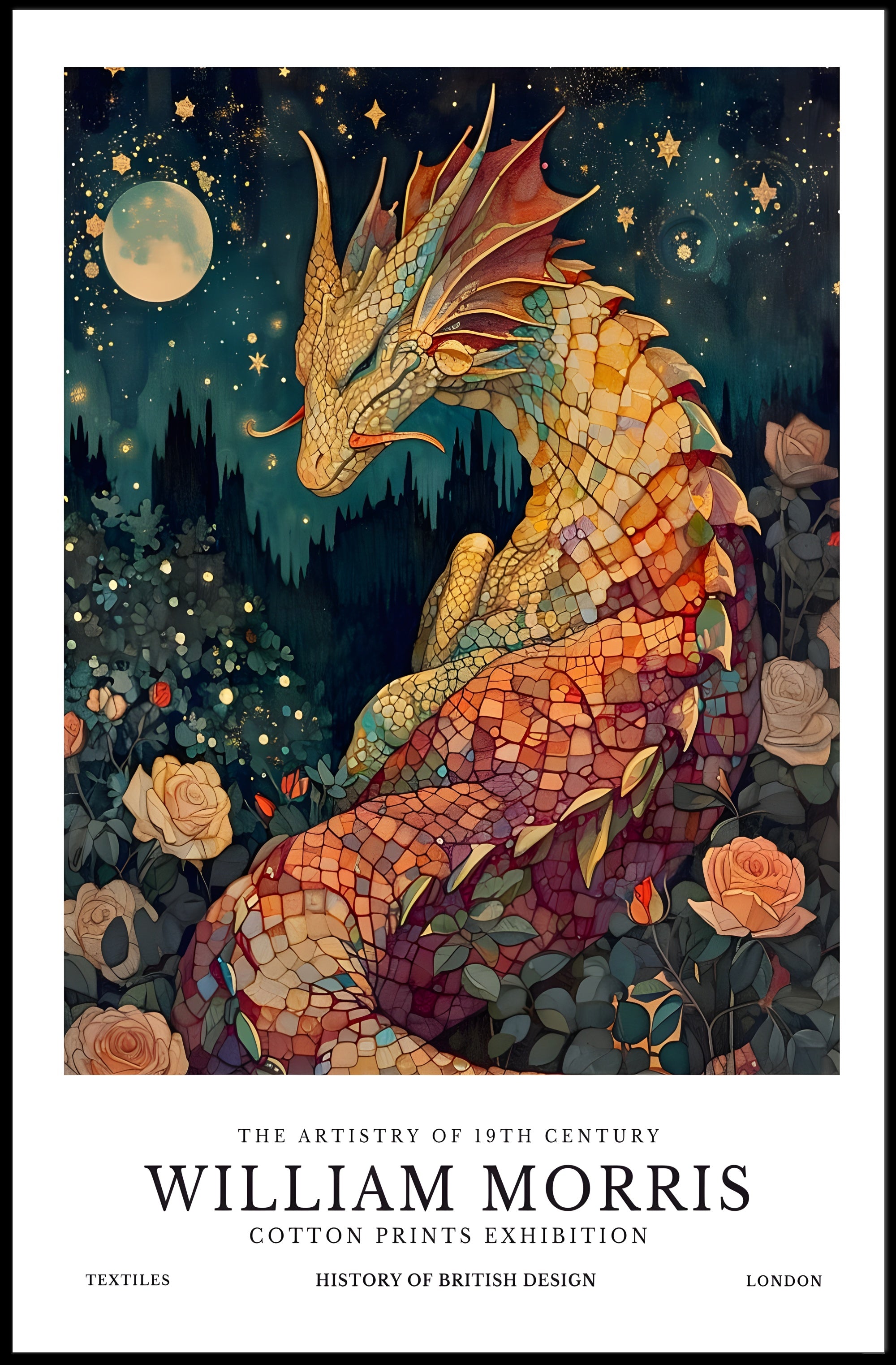 Artistic Dragon and Roses: 19th Century Heritage Poster
