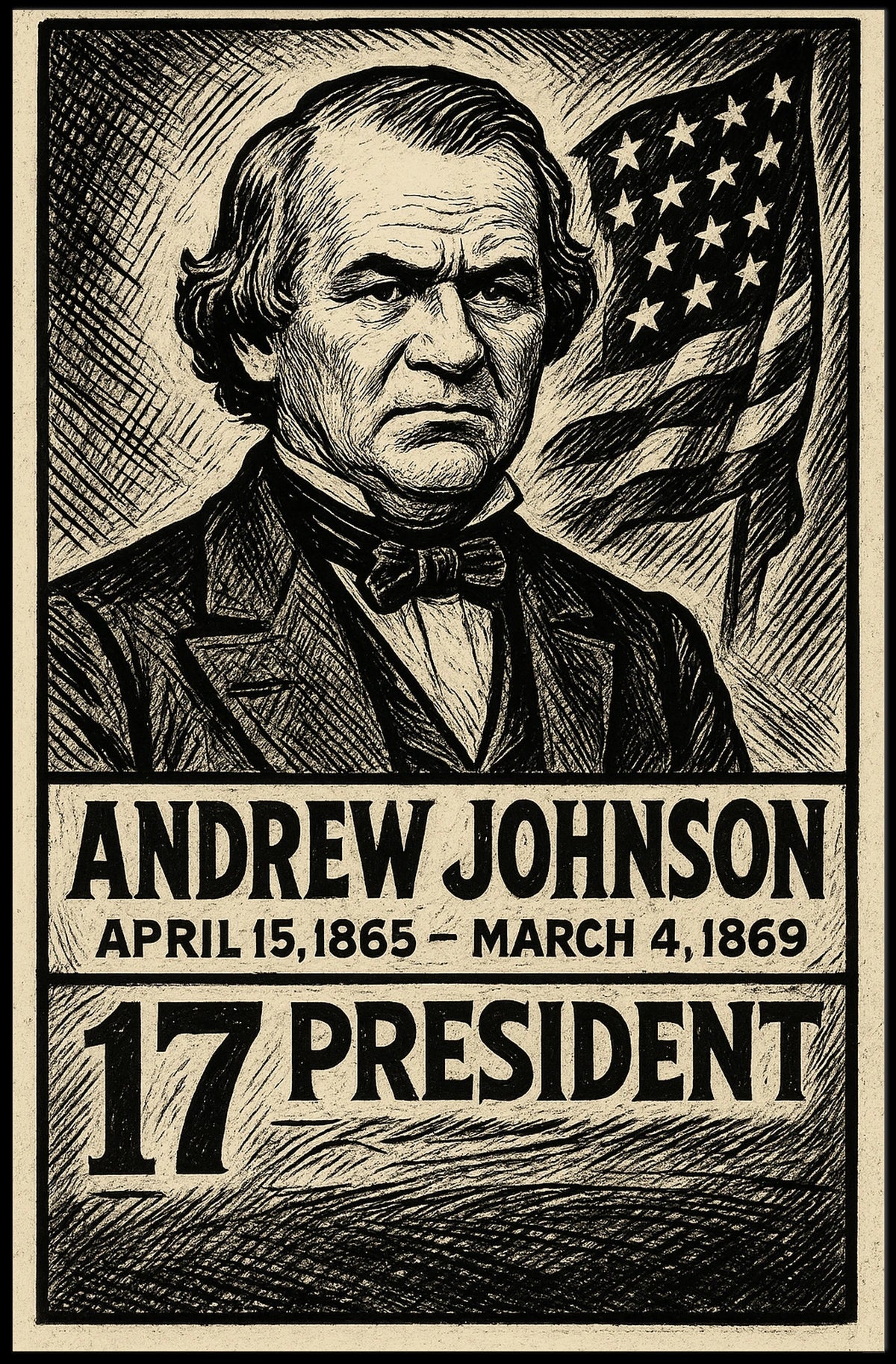 Andrew Johnson 17th President of the United States B & W Comic Sketch Poster