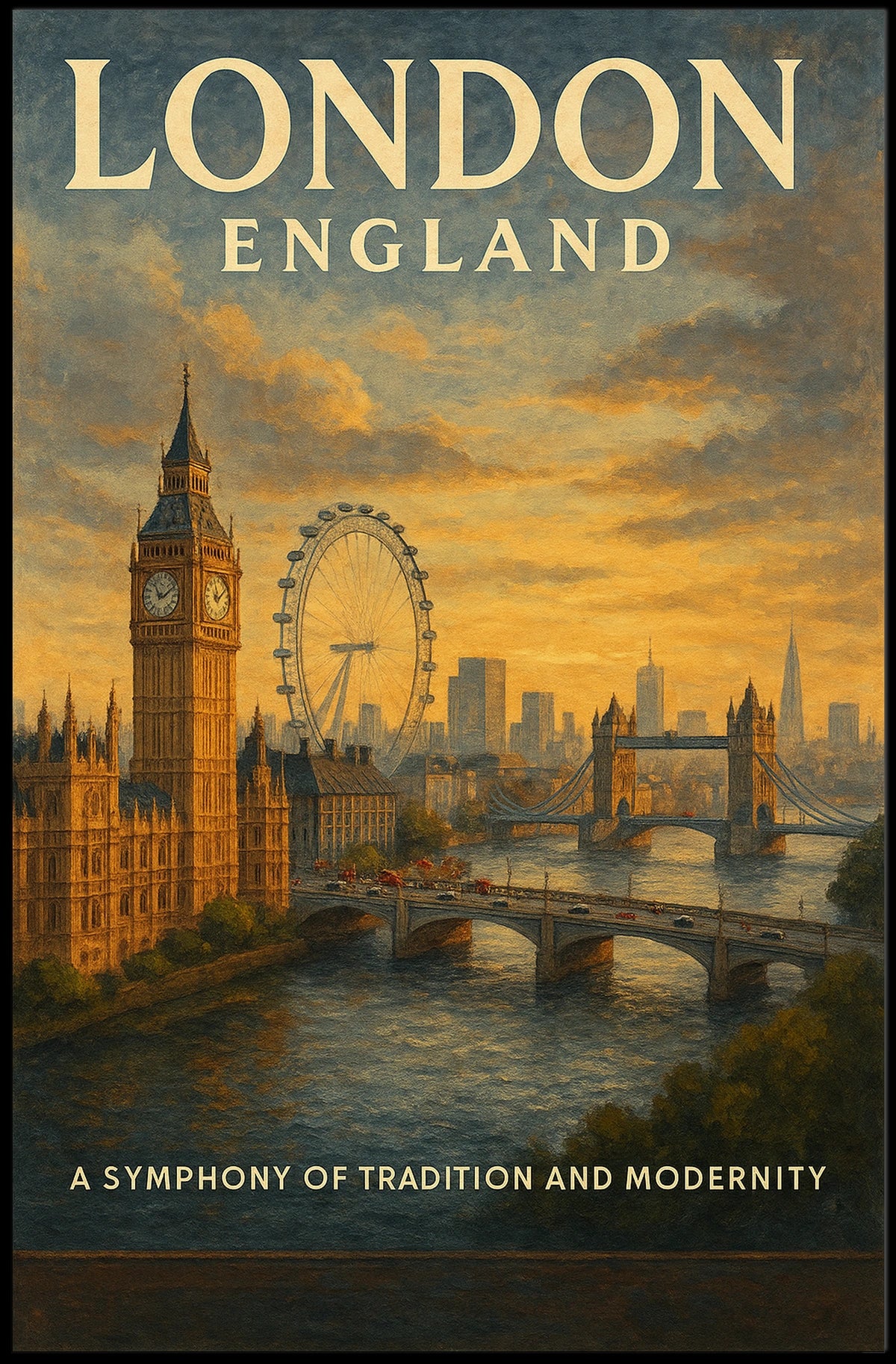 London Landmarks Vintage Poster: Big Ben, Eye, Bridge