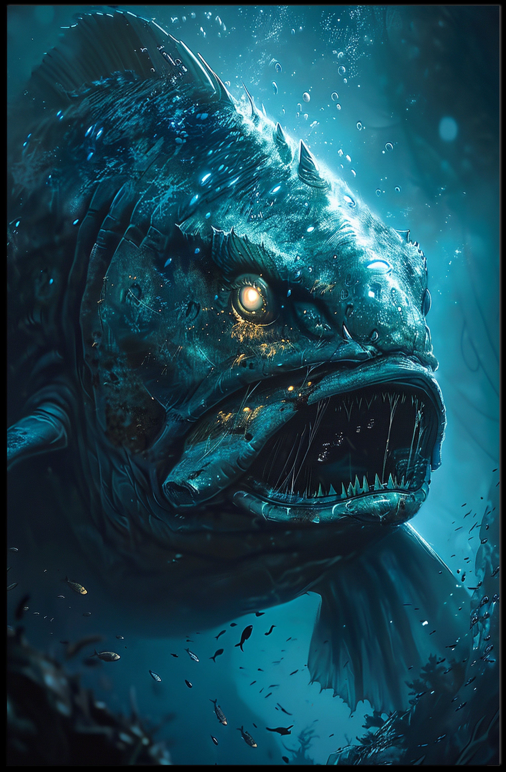Menacing Underwater Creature in Deep Sea Fantasy Poster PosterGoat