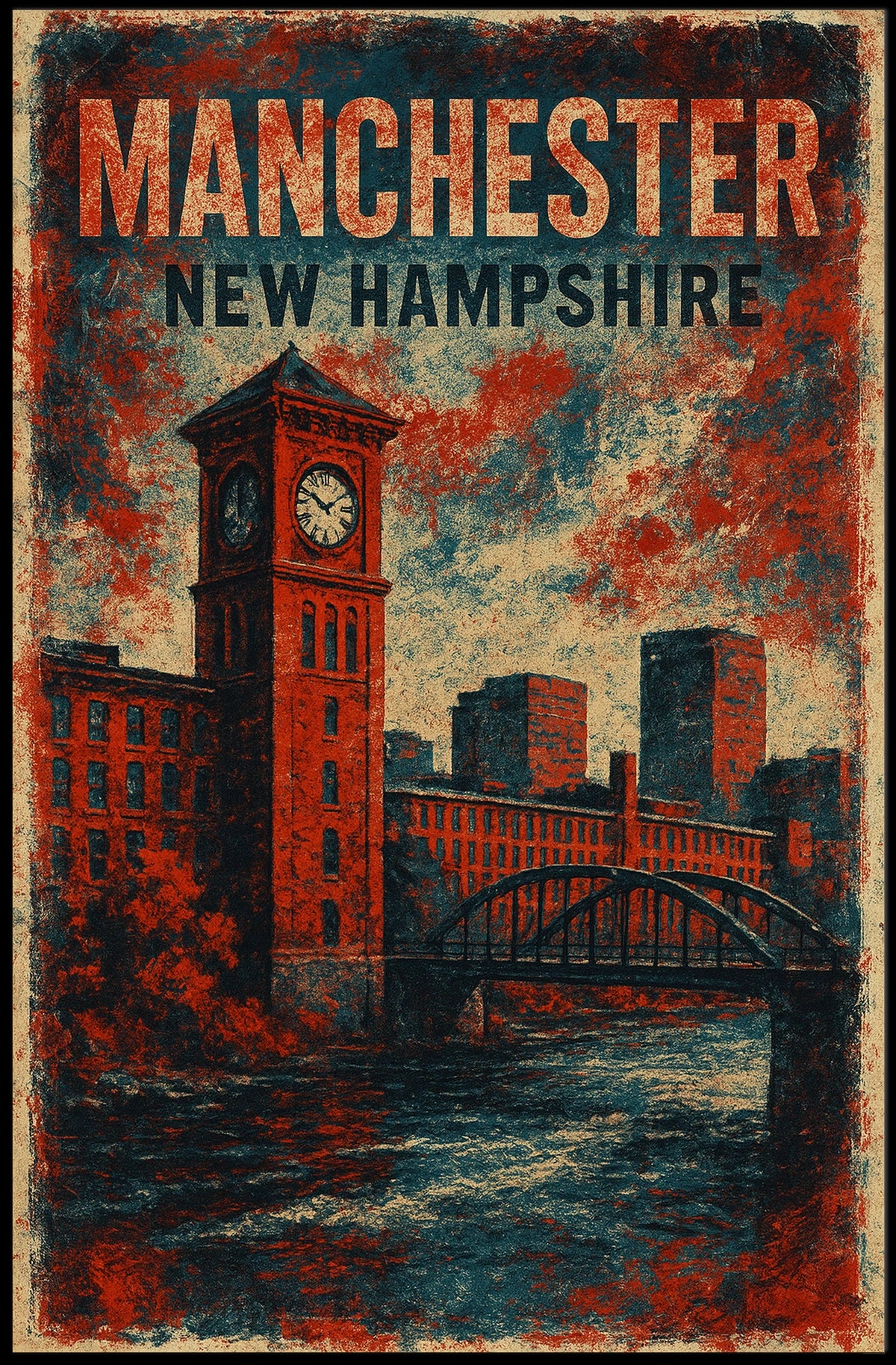 Manchester Clock Tower River Scene Vintage Nostalgic Poster