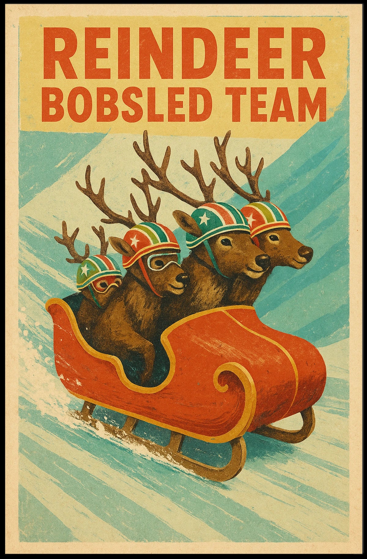 Whimsical Reindeer Sledding Vintage Sports Poster