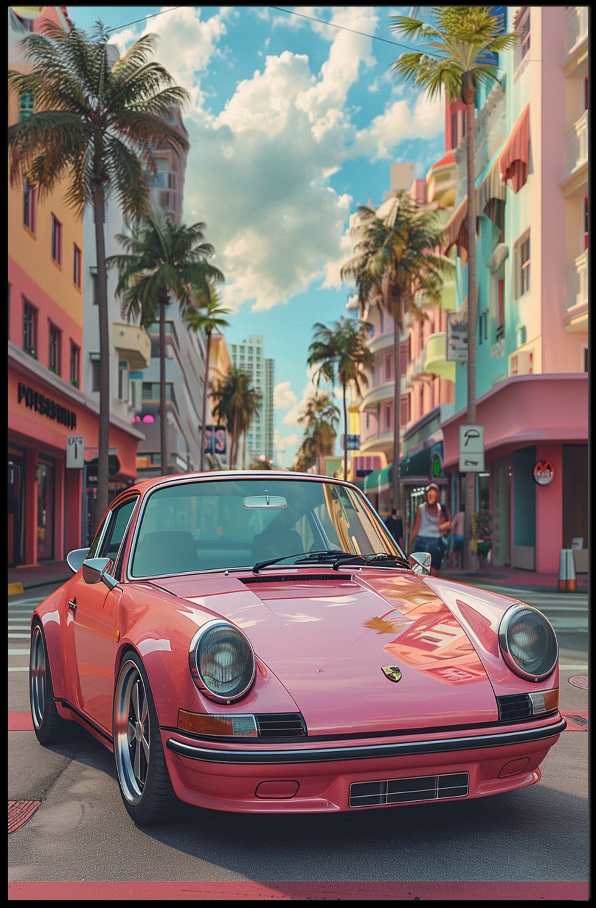 Vintage Car in Vibrant Cityscape Art Poster Print PosterGoat