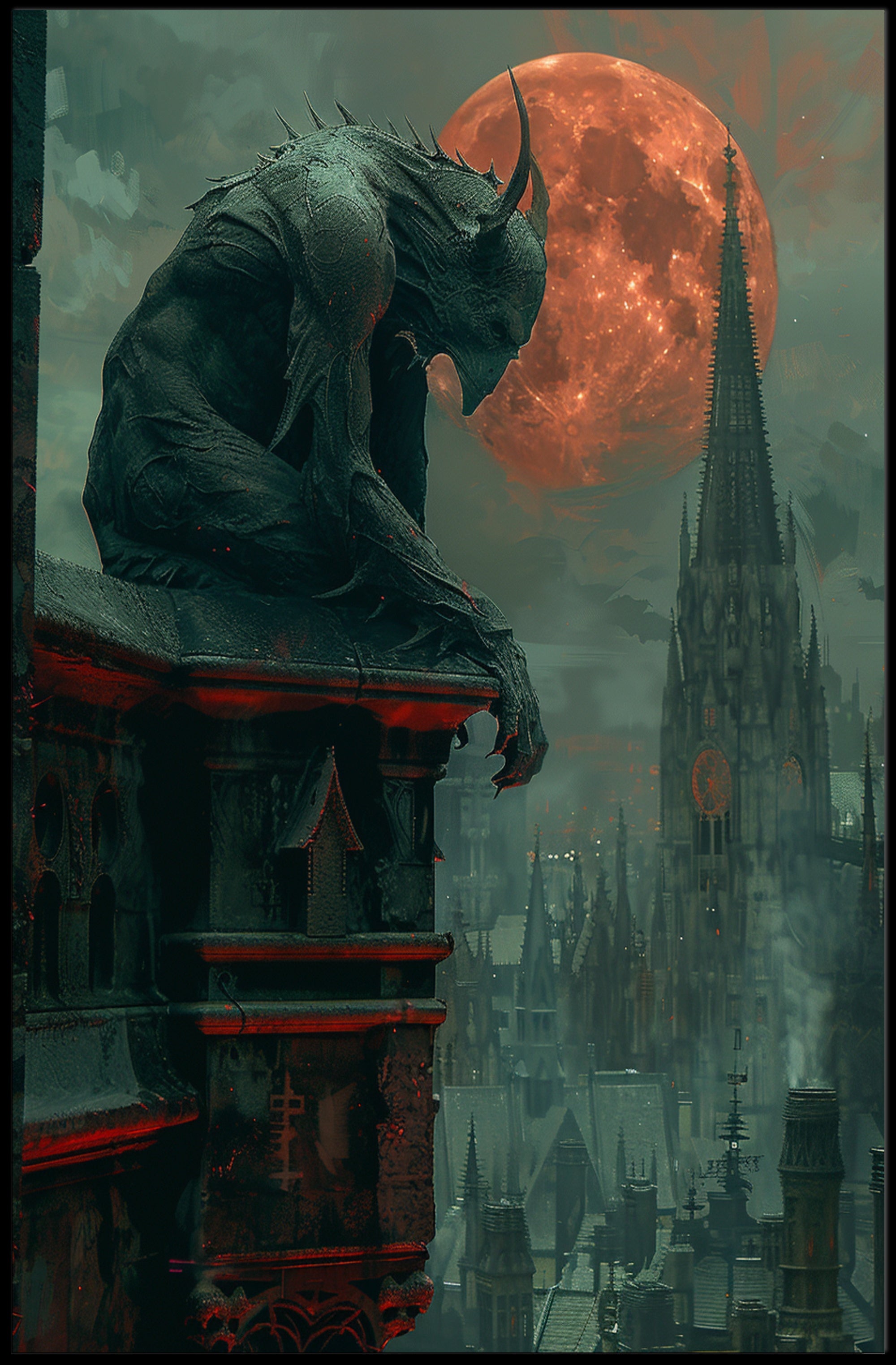 Gothic Gargoyle Overlooking Medieval City Fantasy or Mythology Poster PosterGoat
