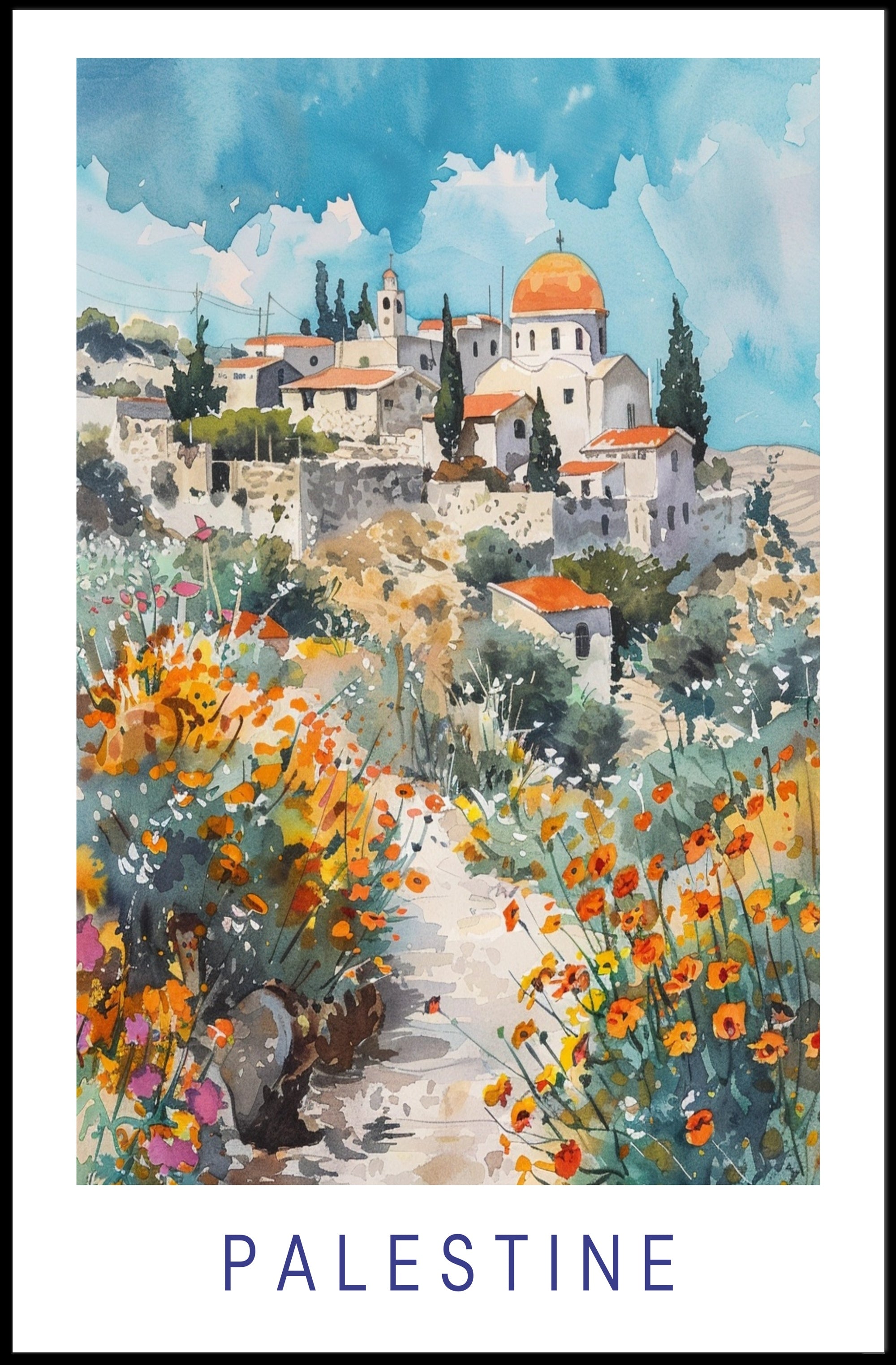 Vibrant Watercolor Palestine Village Scene Cultural Heritage Poster PosterGoat