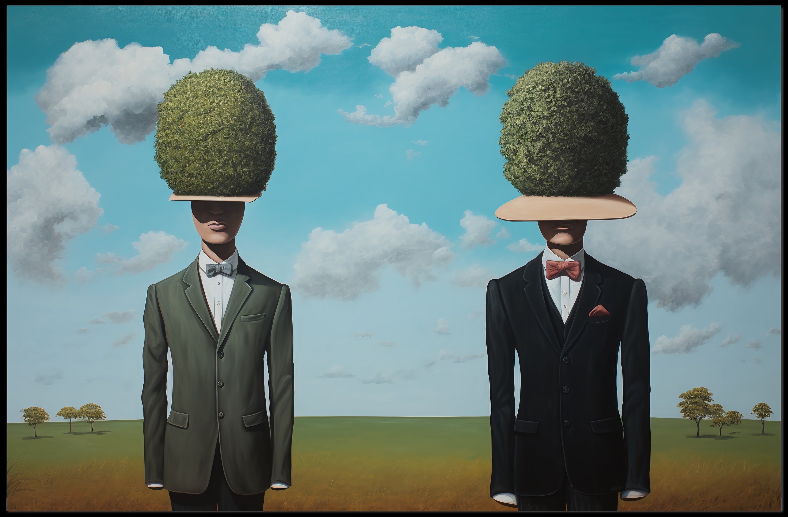 Surreal Suited Figures Artistic Poster Under Blue Sky