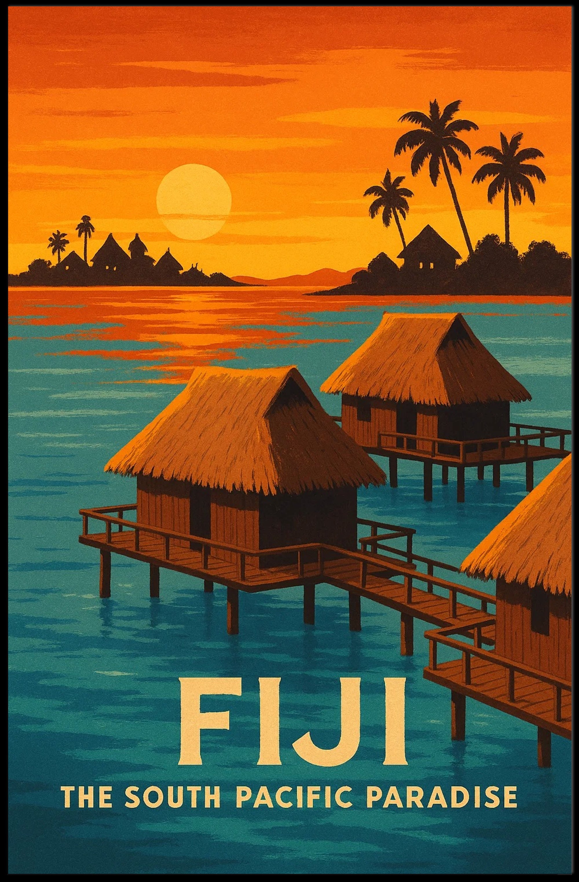 Tropical Overwater Bungalows Vintage Travel Poster