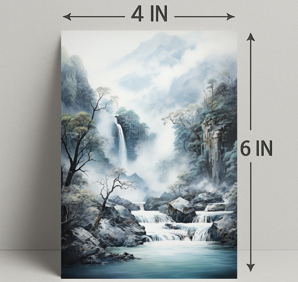 Tranquil Waterfall In Misty Mountains Poster