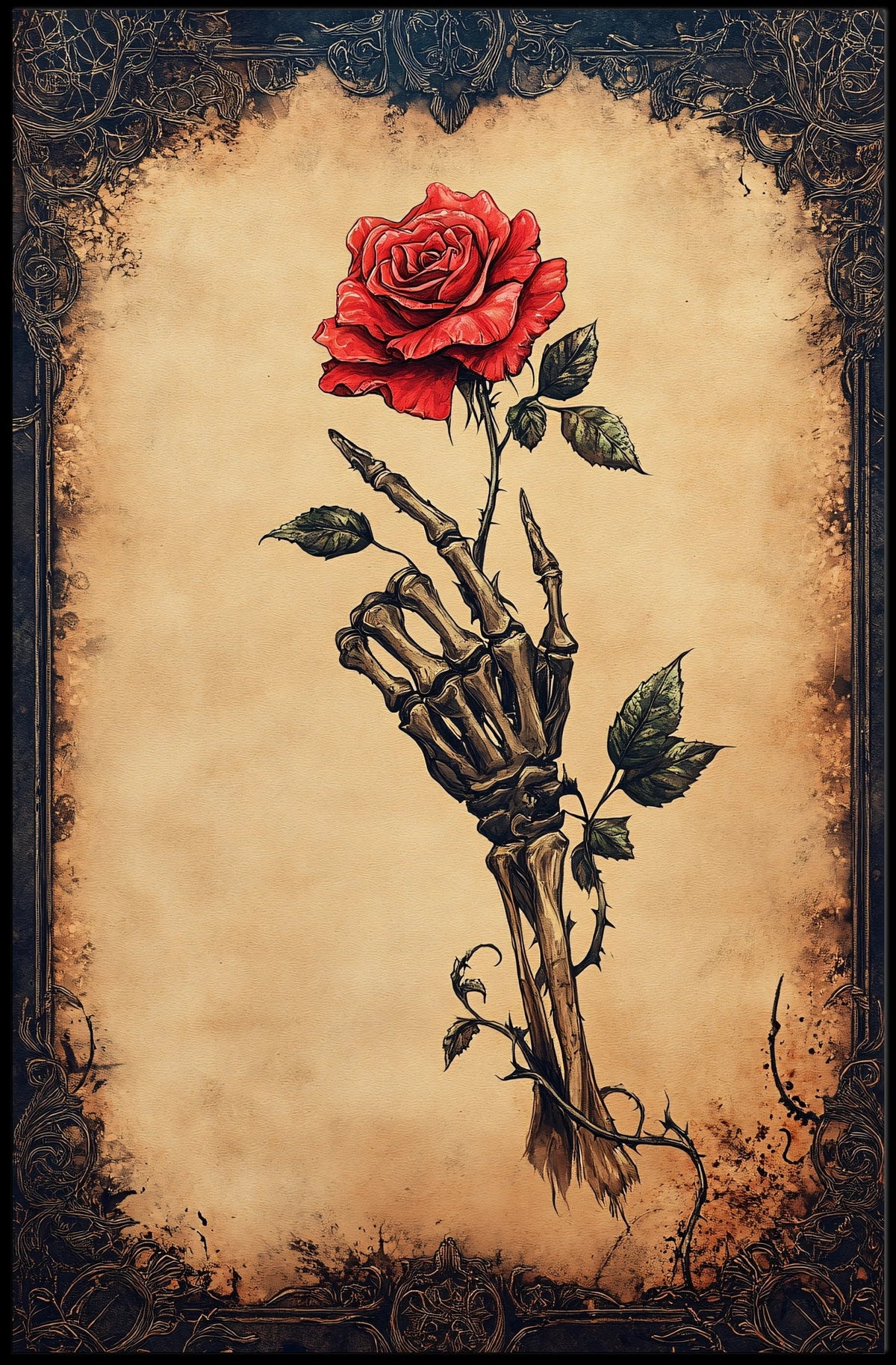 Skeletal Hand and Rose Artistic, Abstract, Pop Culture Poster