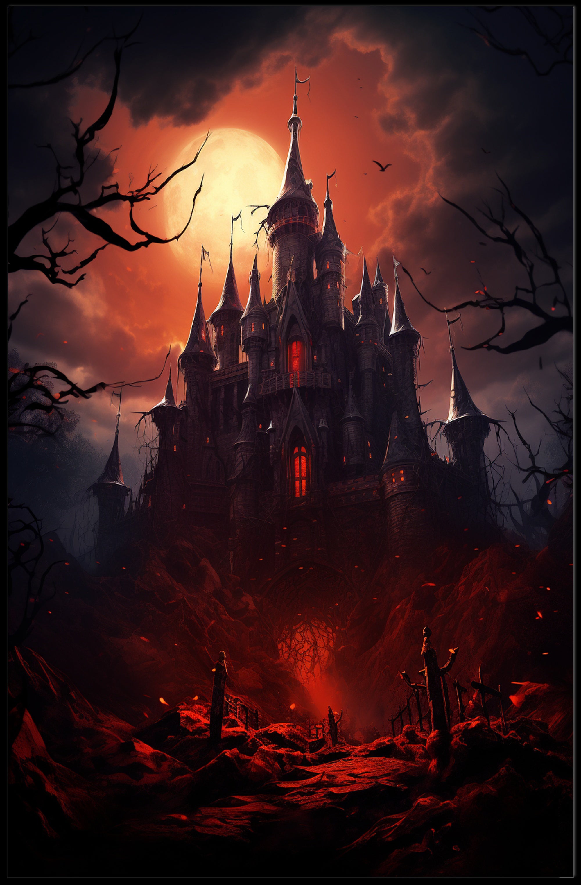 Haunted Castle Under Blood Moon Poster PosterGoat