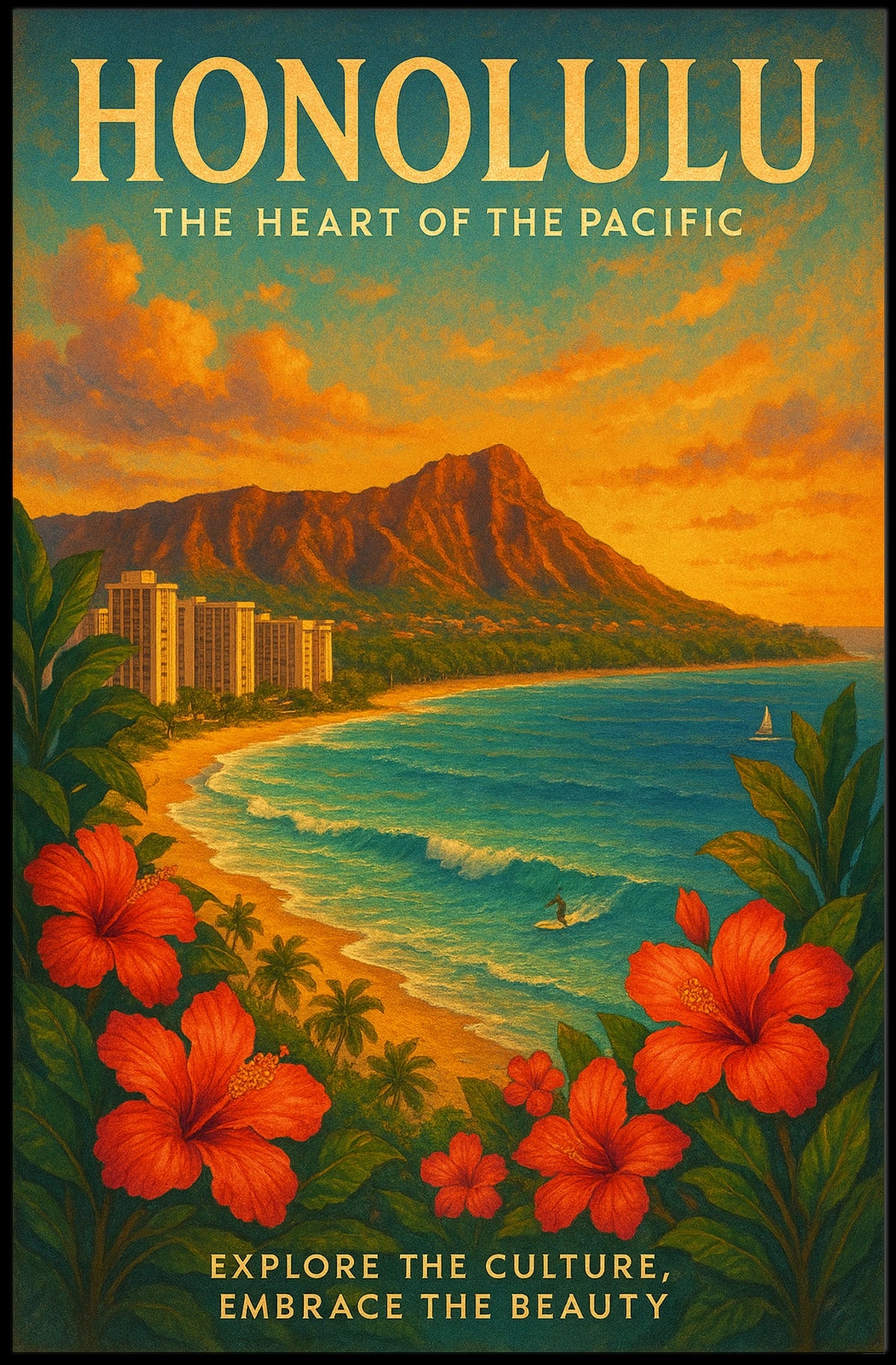 Honolulu Vintage Travel Poster Tropical Beachfront Art