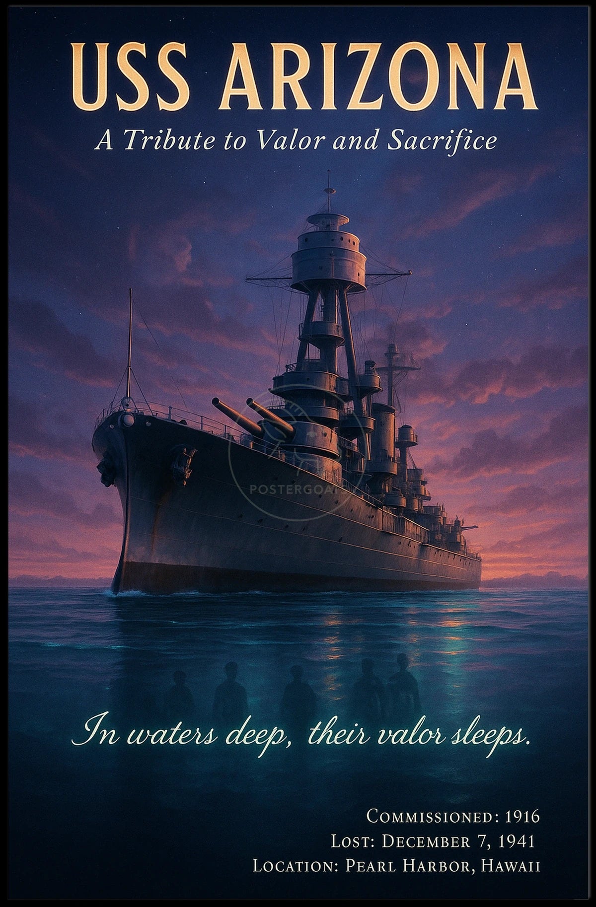 USS Arizona WWII Tribute: Valor Amidst Sunset - WWII Poster