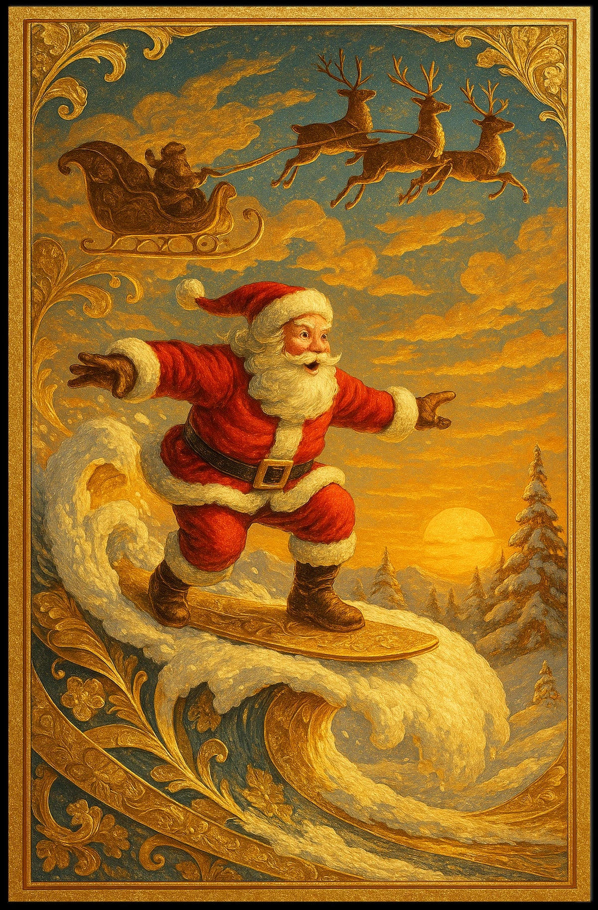 Santa Claus Surfing Vintage Christmas Poster