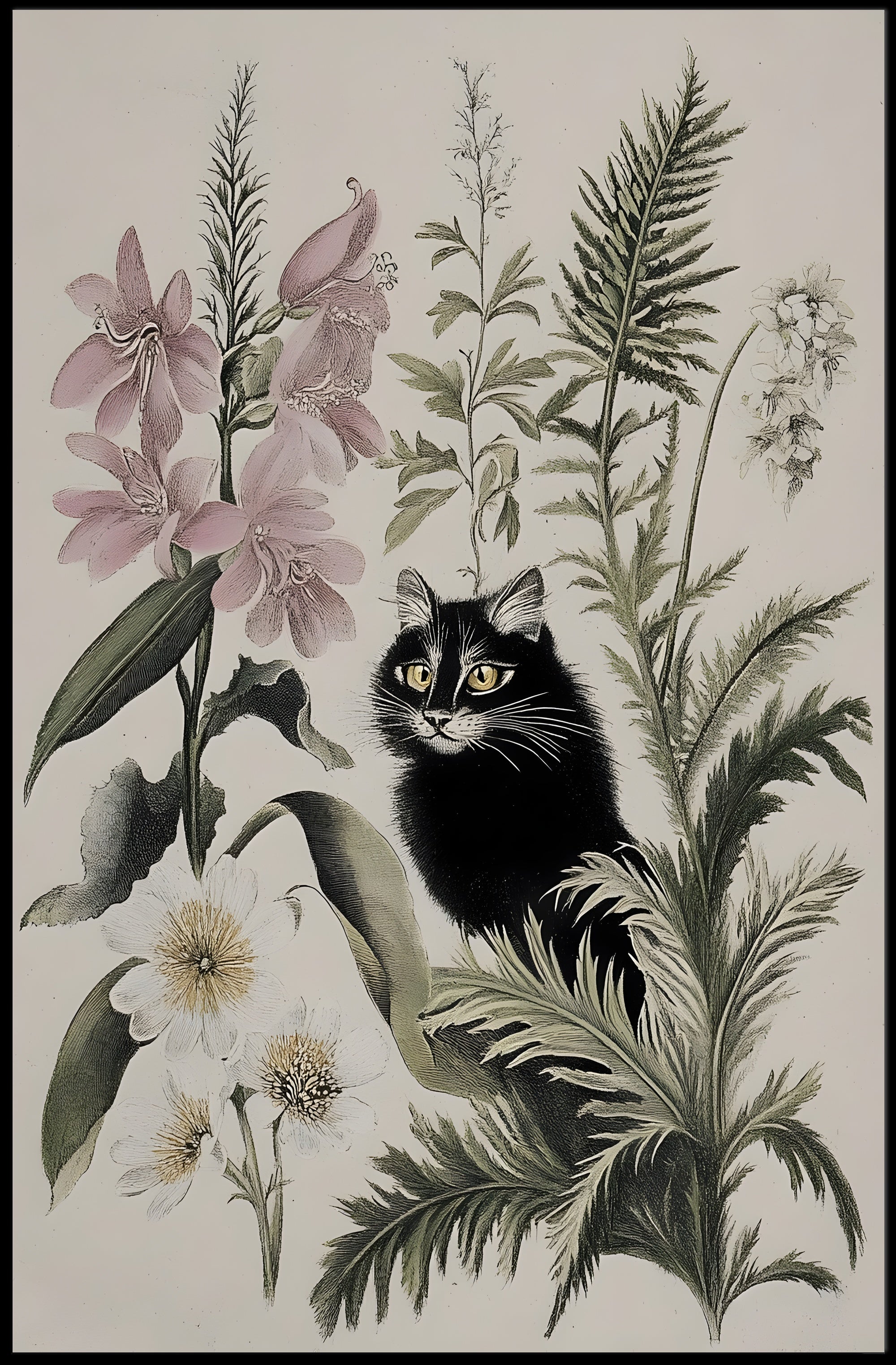 Black Cat with Wildflowers: Animal Poster PosterGoat