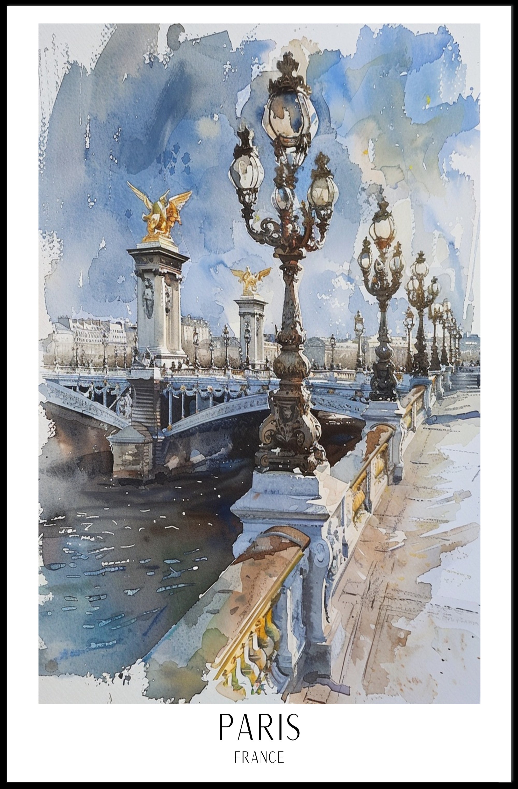 Watercolor Elegance: Pont Alexandre III Urban or Cityscape Poster PosterGoat