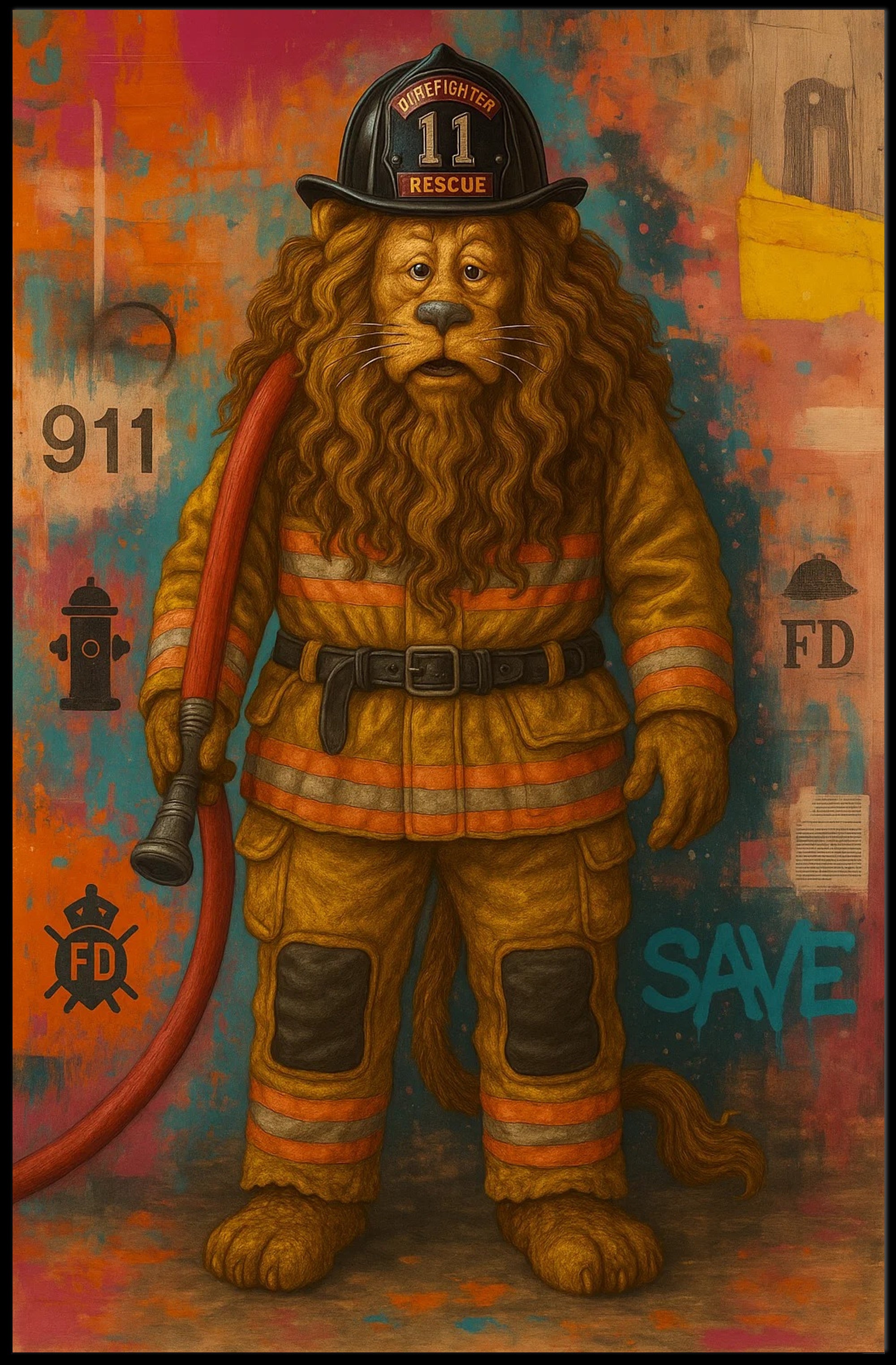 Firefighter Lion Artwork for Dramatic Animal Poster