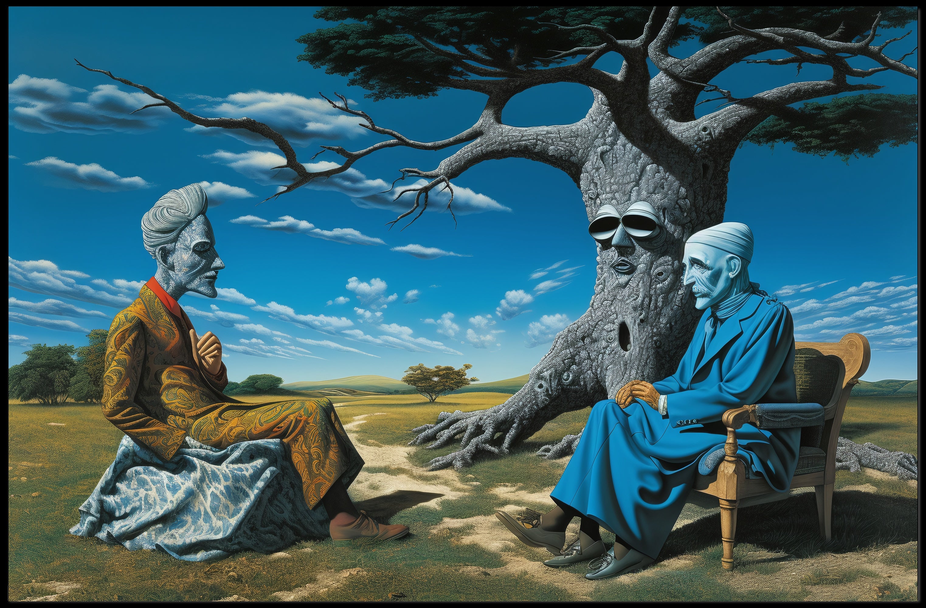 Surreal Desert Conversation with Human-Nature Elements Fantasy Poster