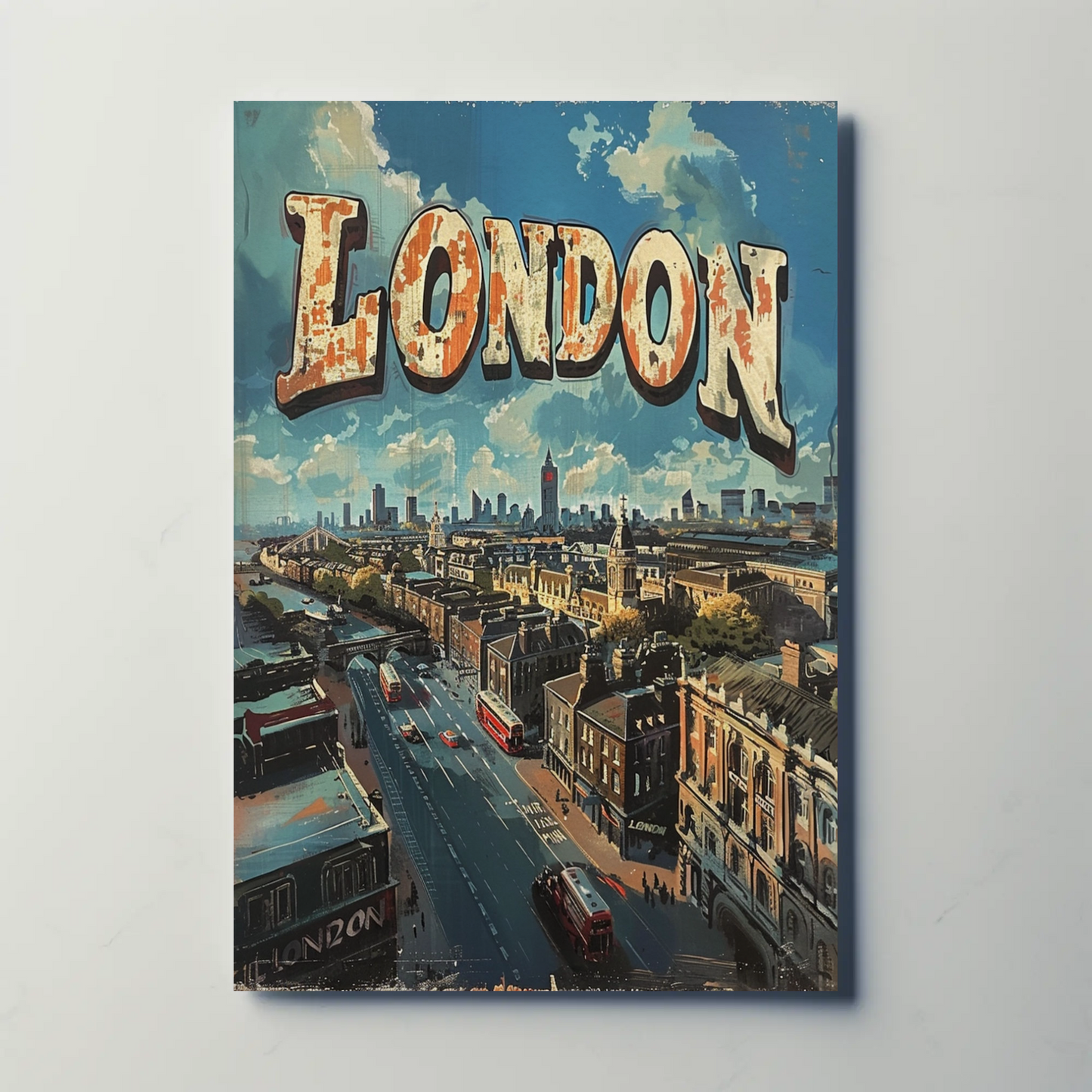 London Rooftop Cityscape Red Bus Skyline Travel Poster