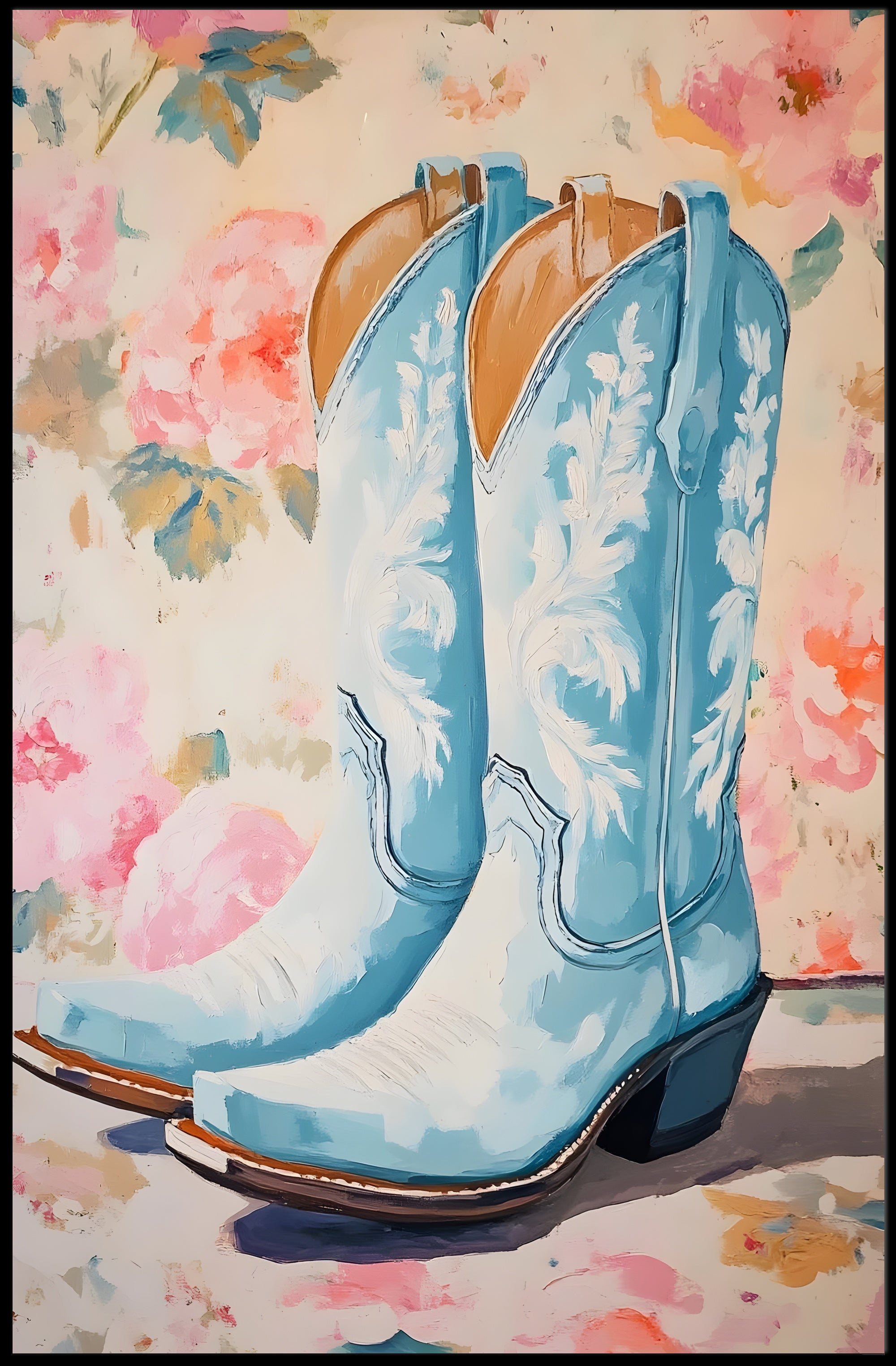 Blue Cowboy Boots Poster Vintage Floral Wall Art