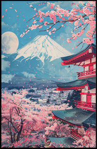 Mount Fuji Cherry Blossom Pagoda Art Print