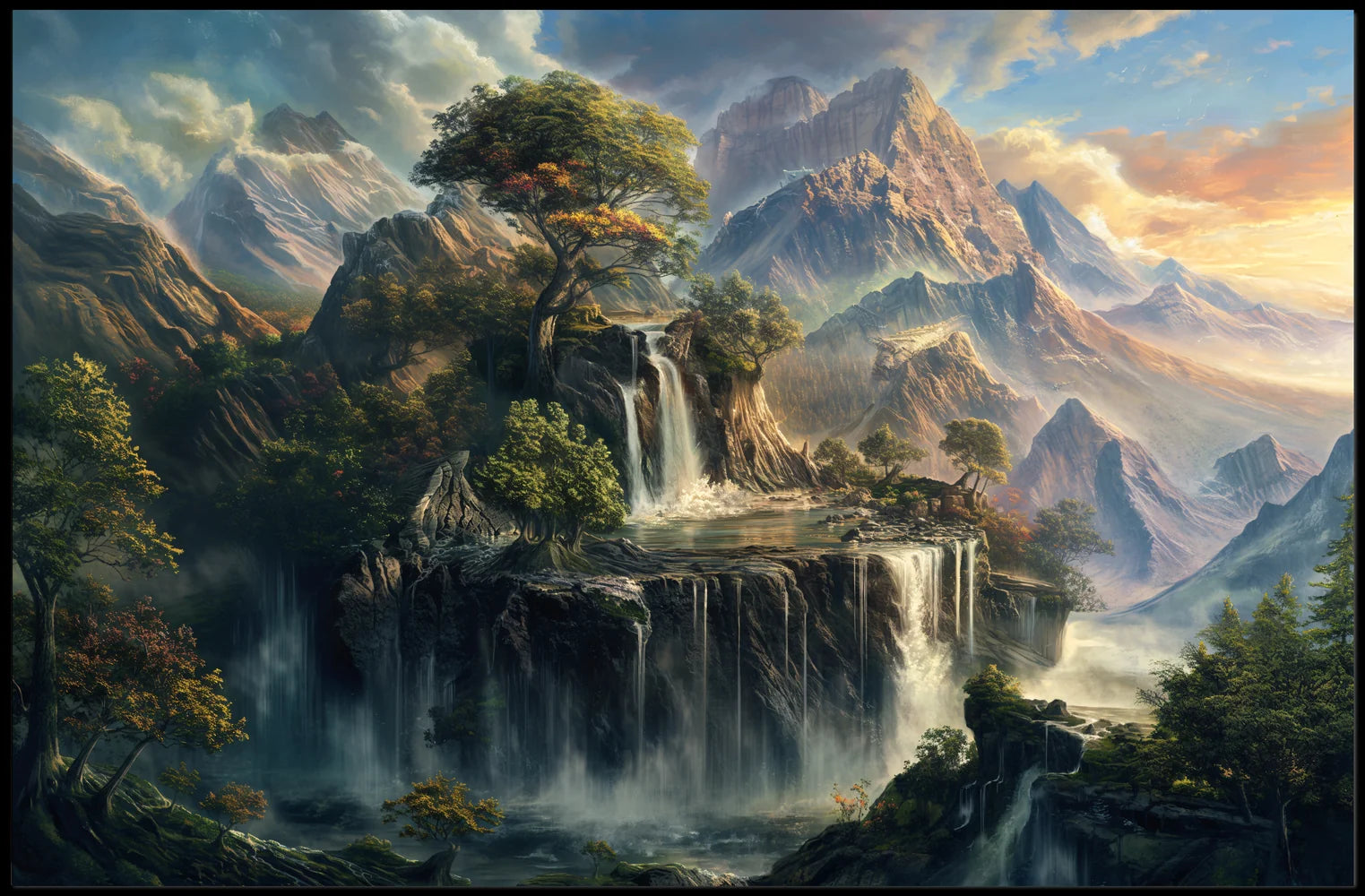 Majestic Mountain Landscape with Waterfalls Poster