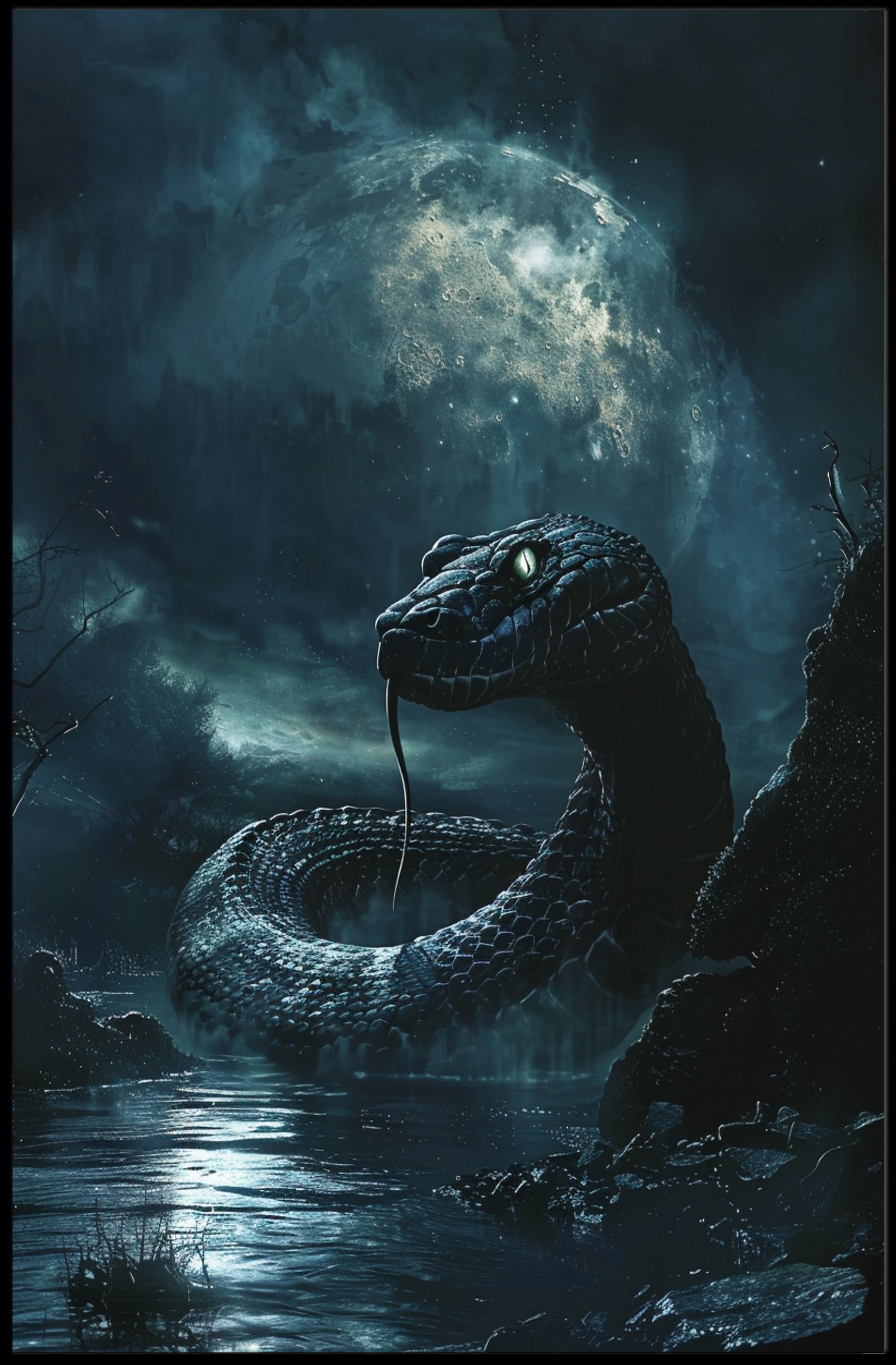 Mystical Snake Under Full Moon Fantasy or Mythology Poster PosterGoat