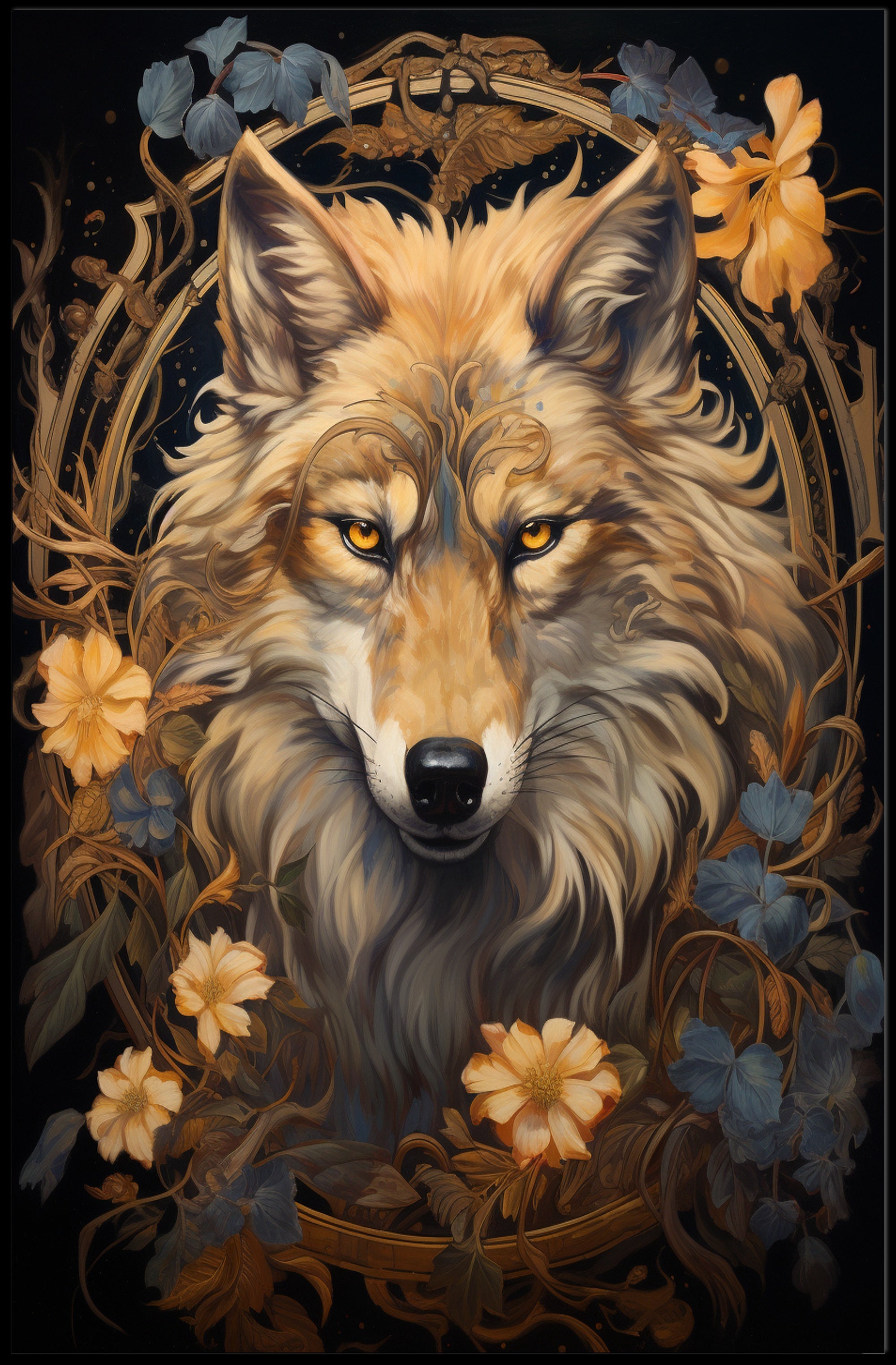 Majestic Wolf In Floral Frame Poster PosterGoat
