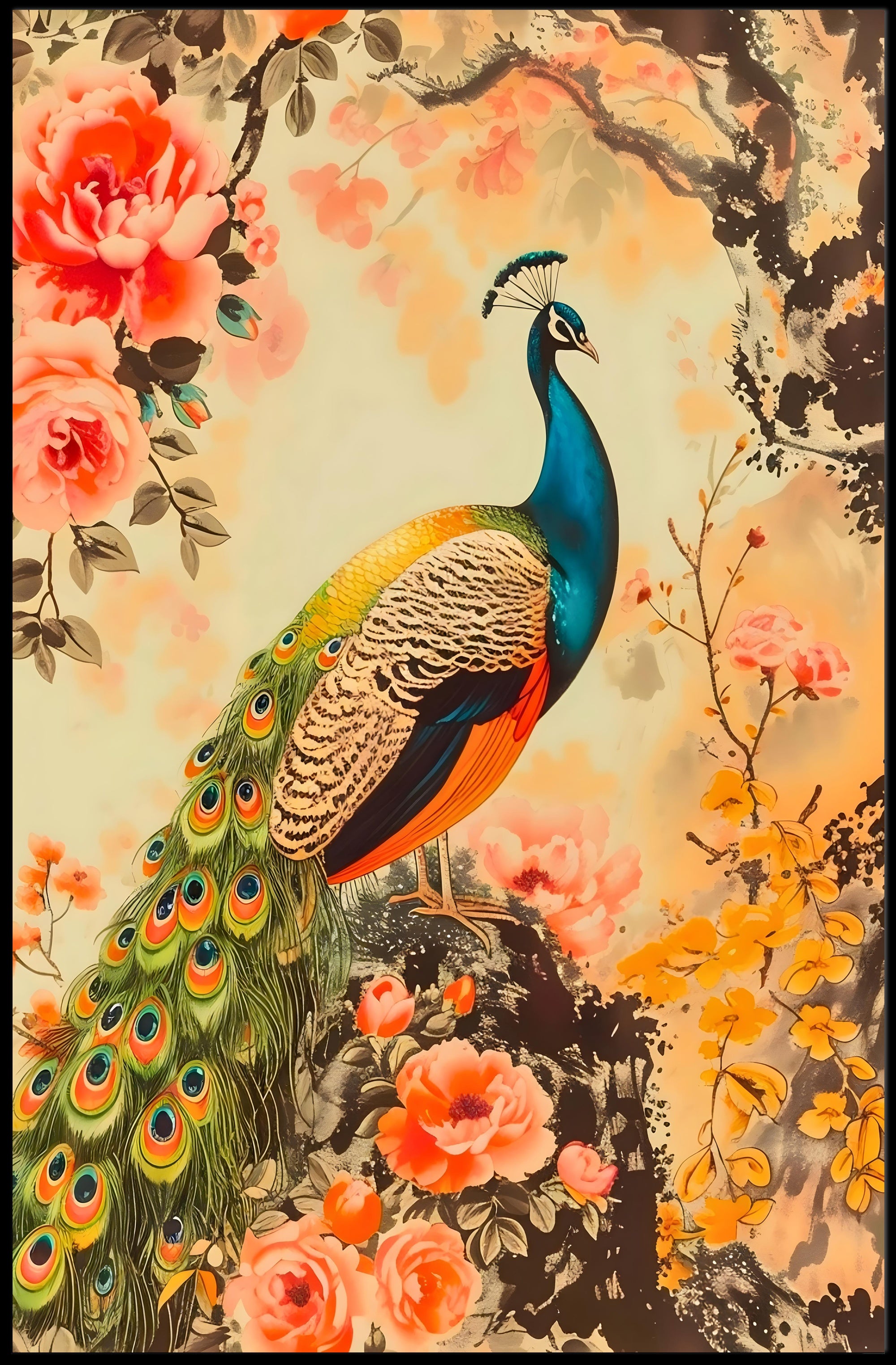 Peacock in Floral Splendor: Artistic Poster