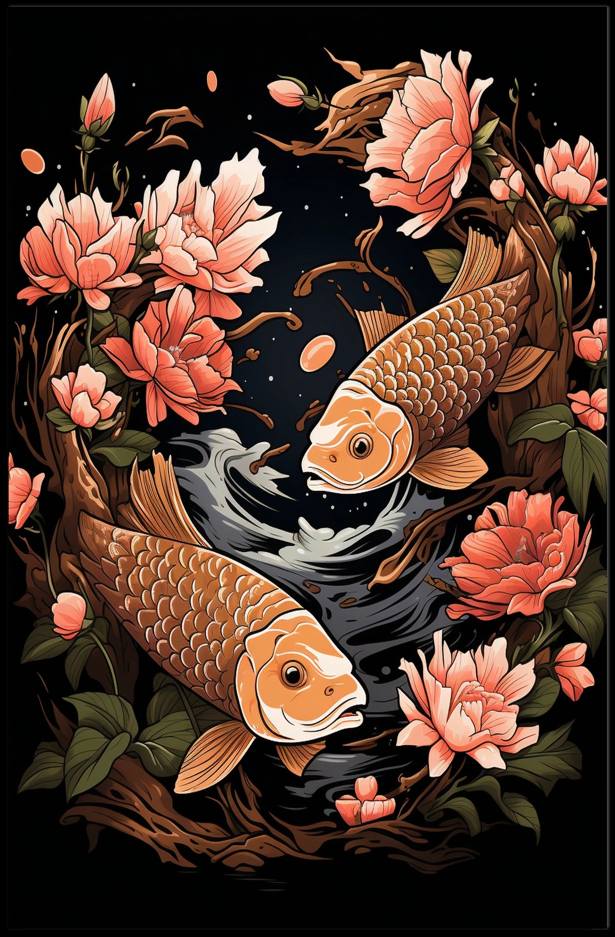 Koi Fish and Peony Japanese Art Poster