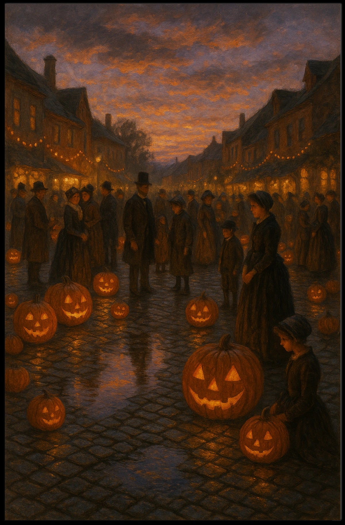 Nostalgic Victorian Halloween Village Impressionism Poster