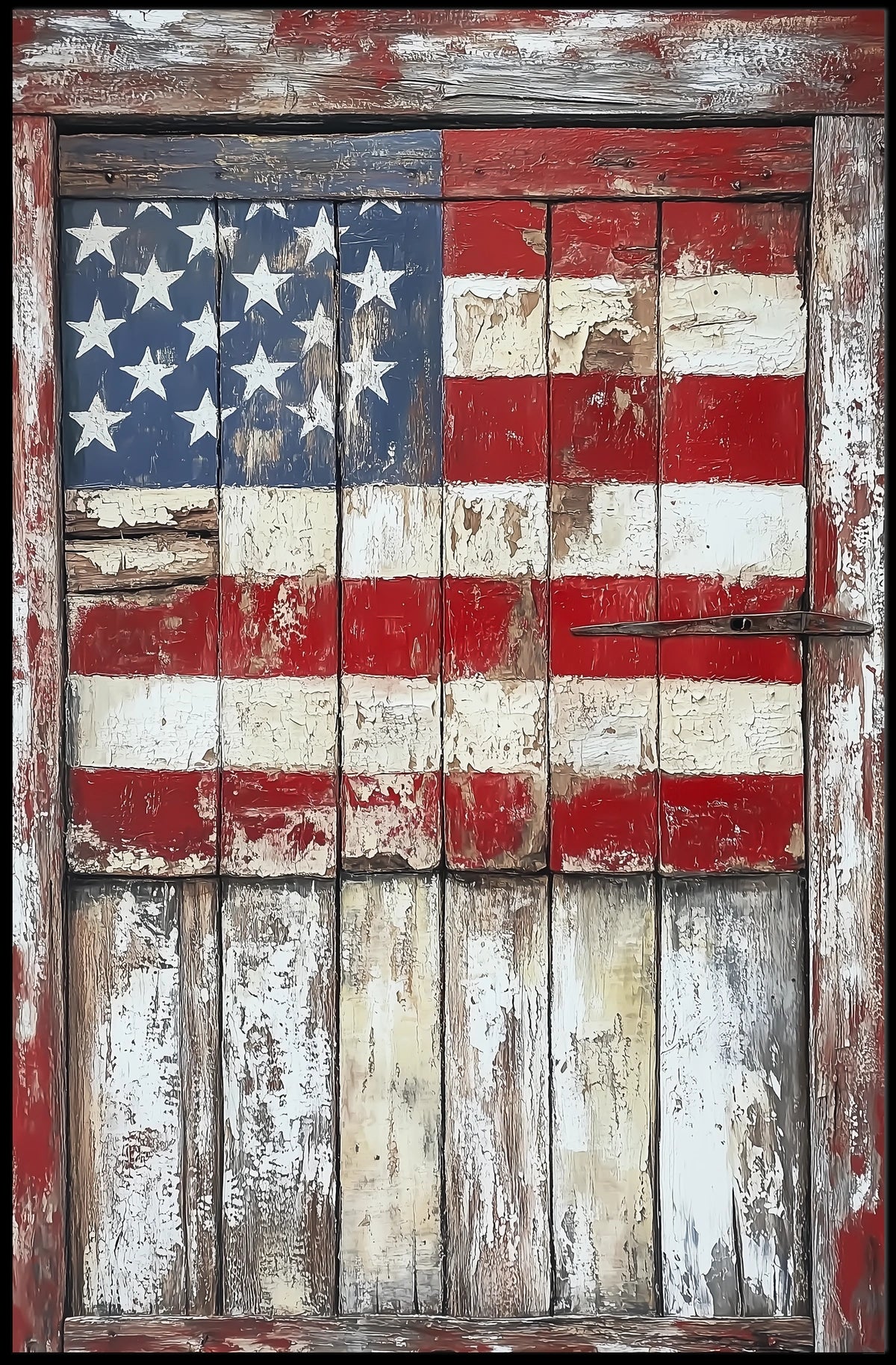 Rustic Wooden Barn Door With Faded American Flag Poster