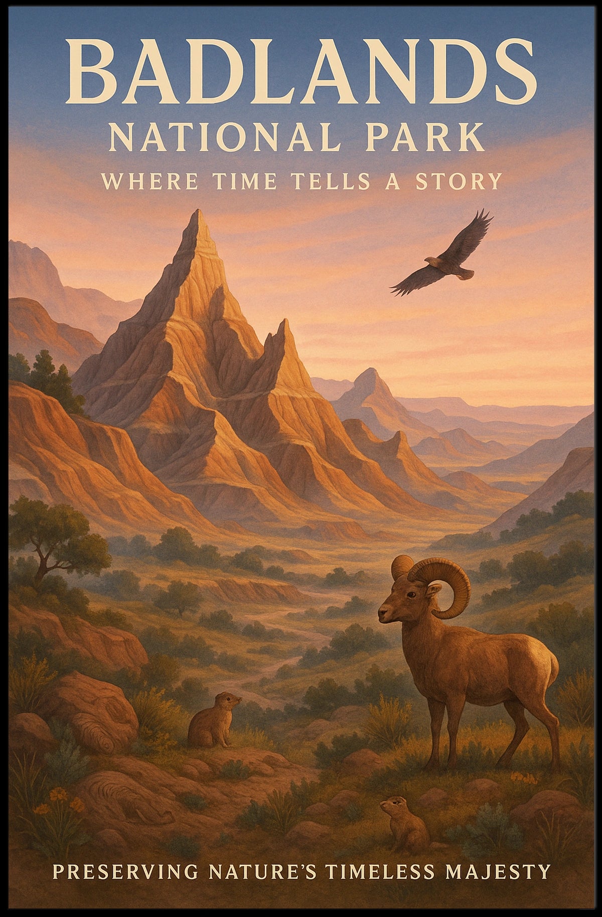 Badlands National Park Vintage Wildlife Art Poster