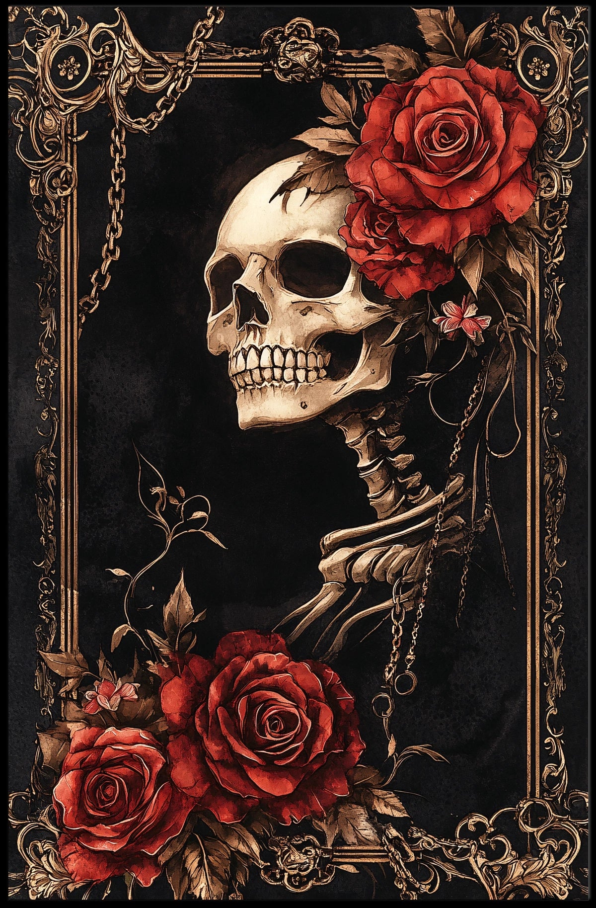 Skull and Roses Art in Ornate Baroque Artistic Poster