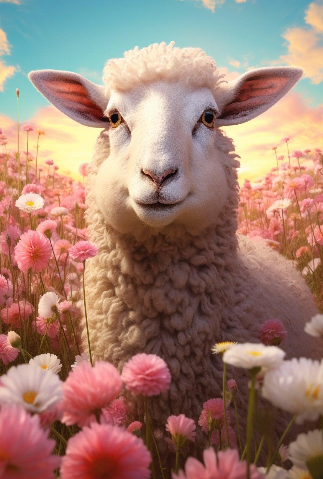 Serene Sheep in Countryside at Sunrise Animal Poster