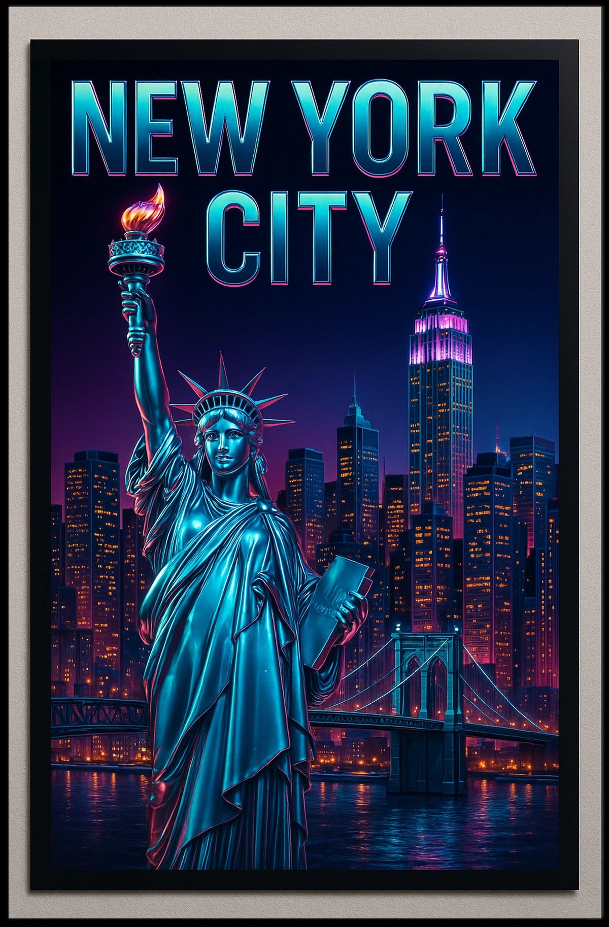Neon NYC Skyline Night Cityscape Poster Modern Wall Art
