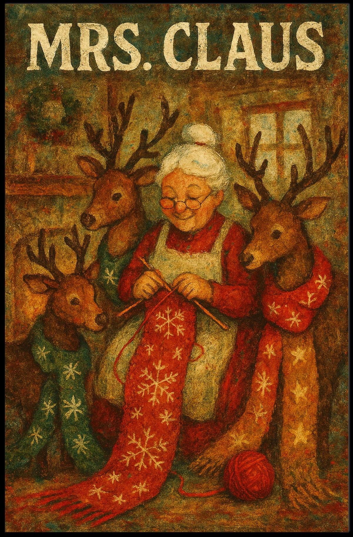 Mrs. Claus And Her Reindeer Companions Poster