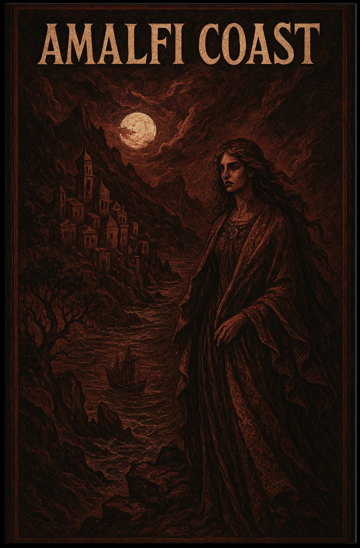 Amalfi Coast Mystical Night Poster Wall Art Coastal Decor