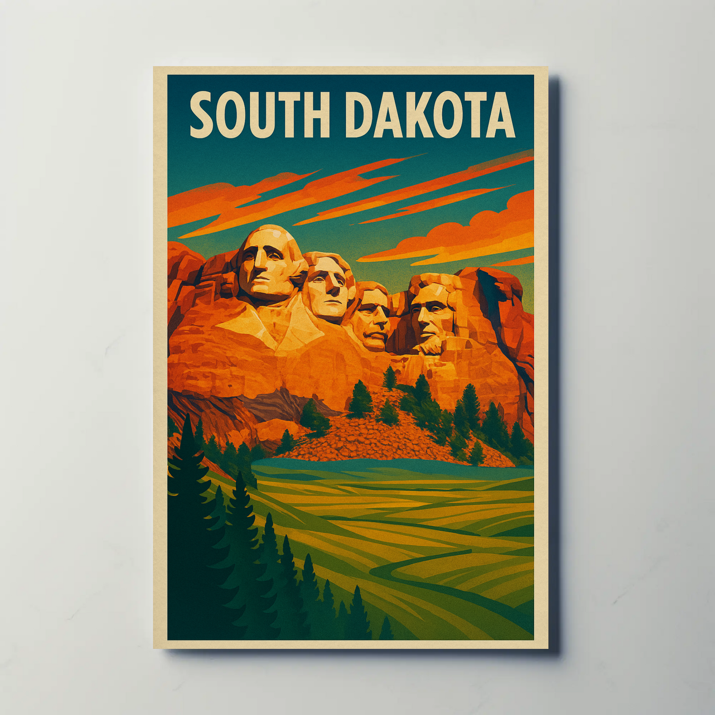 Mount Rushmore Sunset Field South Dakota Vintage Travel Poster