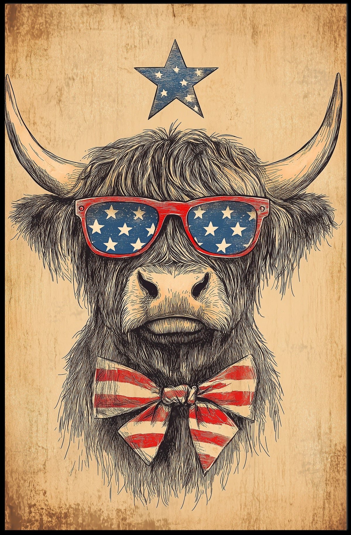 Highland Cow With Stars Sunglasses Americana Poster