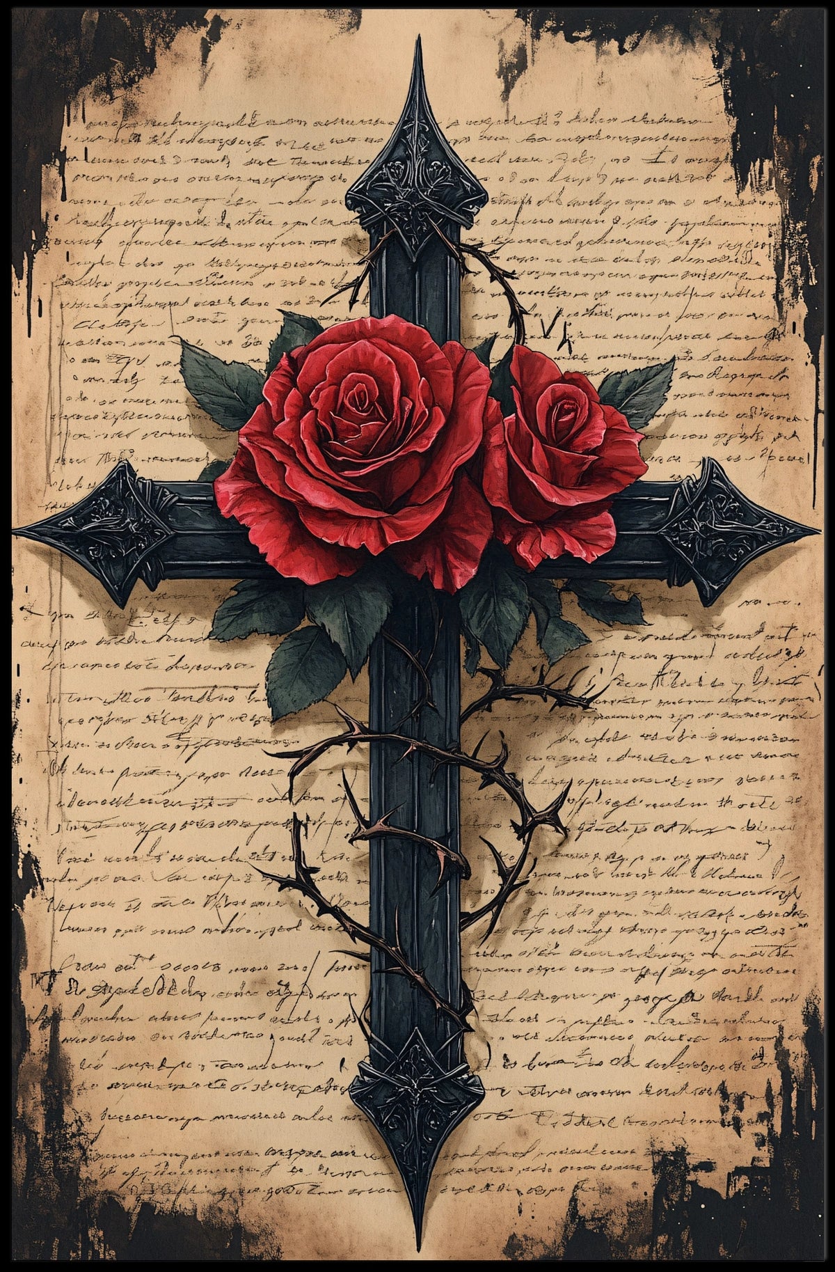 Gothic Cross with Red Roses Artistic Wall Decor Poster