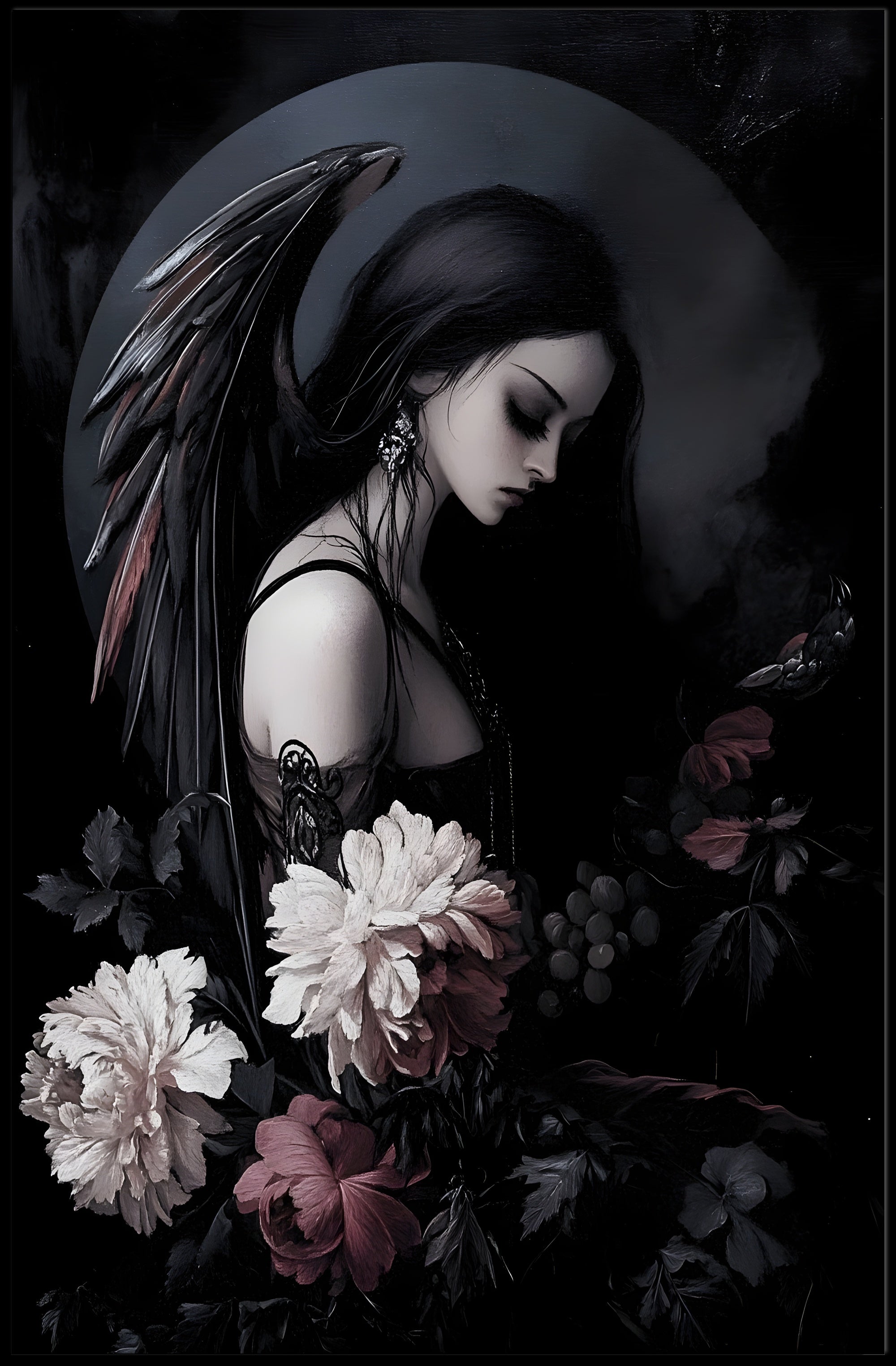 Dark Angelic Fantasy Woman with Dramatic Flowers Poster PosterGoat